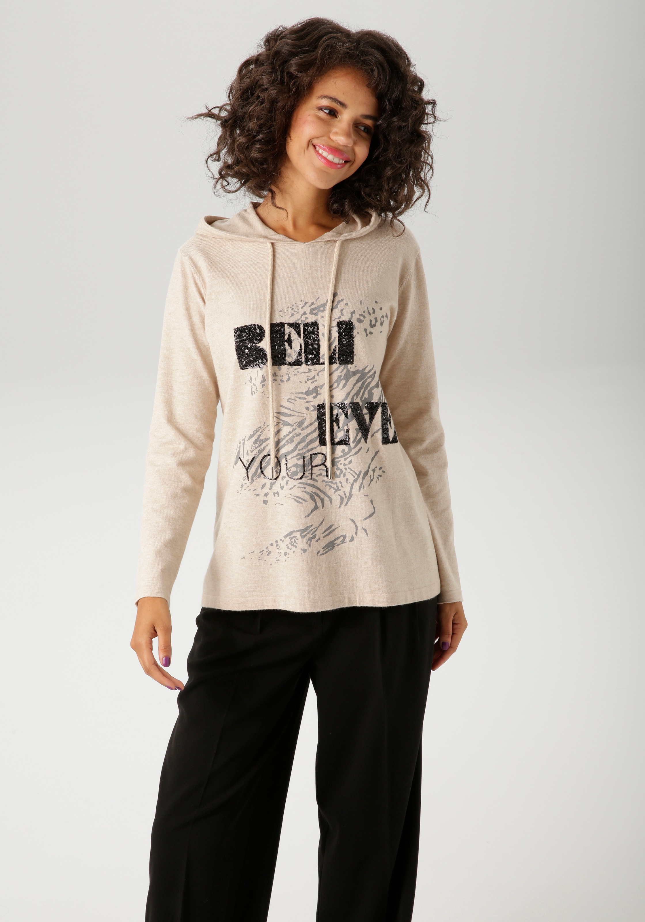 Aniston CASUAL Strickpullover mit Pailletten-Schriftzug verziertem Vorderte günstig online kaufen