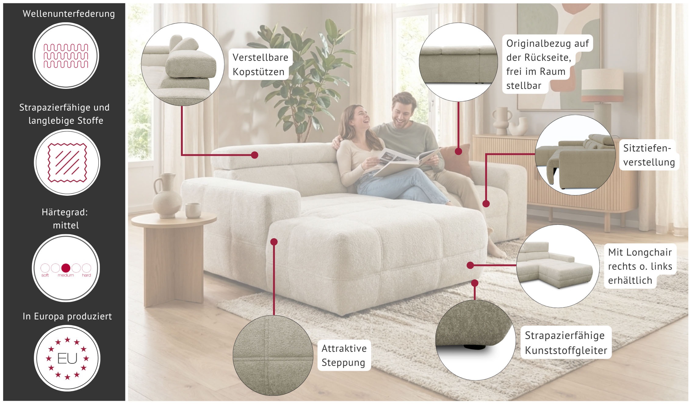 OTTO home Ecksofa »Ballerup« Mit Kopfteilverstellung, wahlweise mit Sitztiefenverstellung