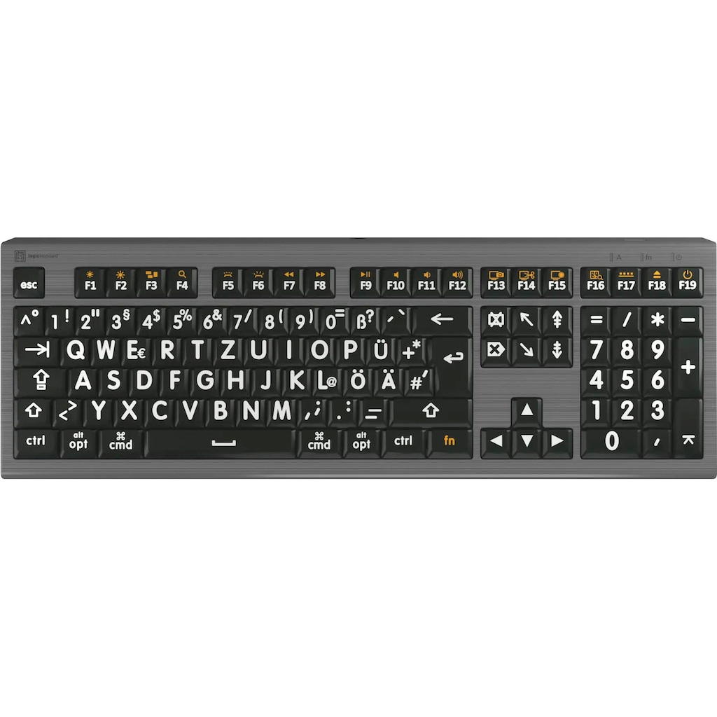 Logickeyboard Tastatur »XL-Print Astra 2 White on Black DE (MAC)«, (Multimedia-Tasten-USB-Hub-Ziffernblock)