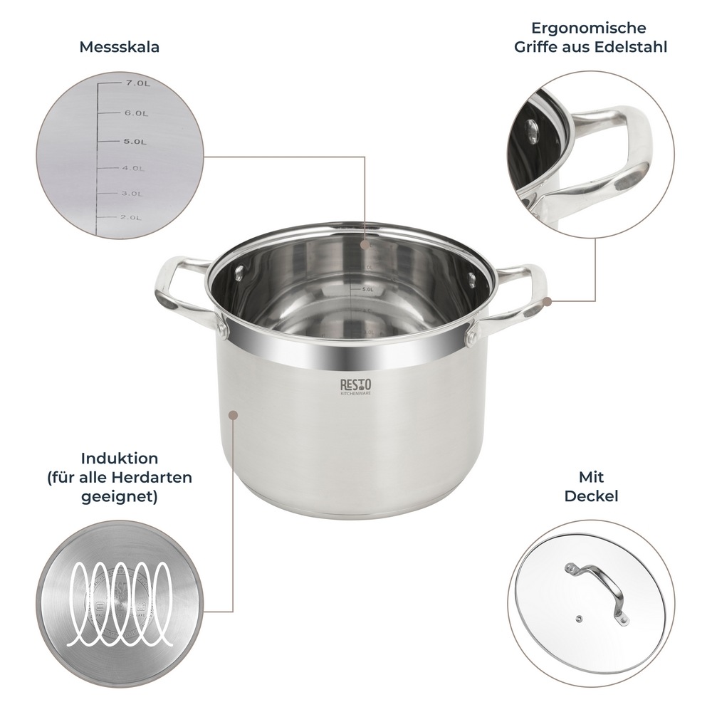 RESTO Kitchenware Kochtopf »Libra, Topf energiesparend und spülmaschinenfest«, Edelstahl 18/10, (2 tlg.), mit hitzebeständigem Glasdeckel und Griffen