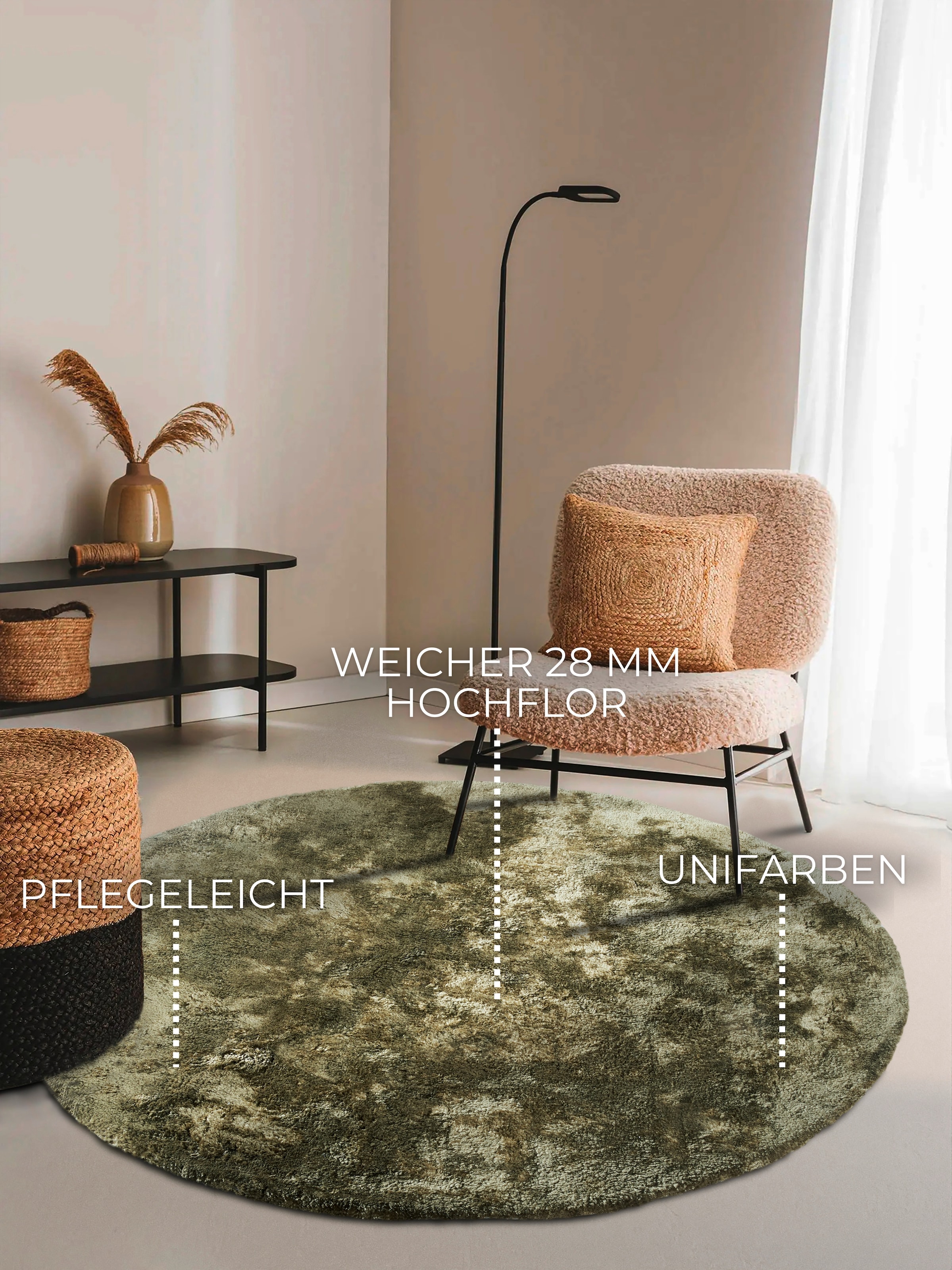 ELLE DECORATION Hochflor-Teppich »Calida«, rund, 28 mm Höhe, Langflor, Shaggy, einfarbig, flauschig, weich, glänzend, modern, uni
