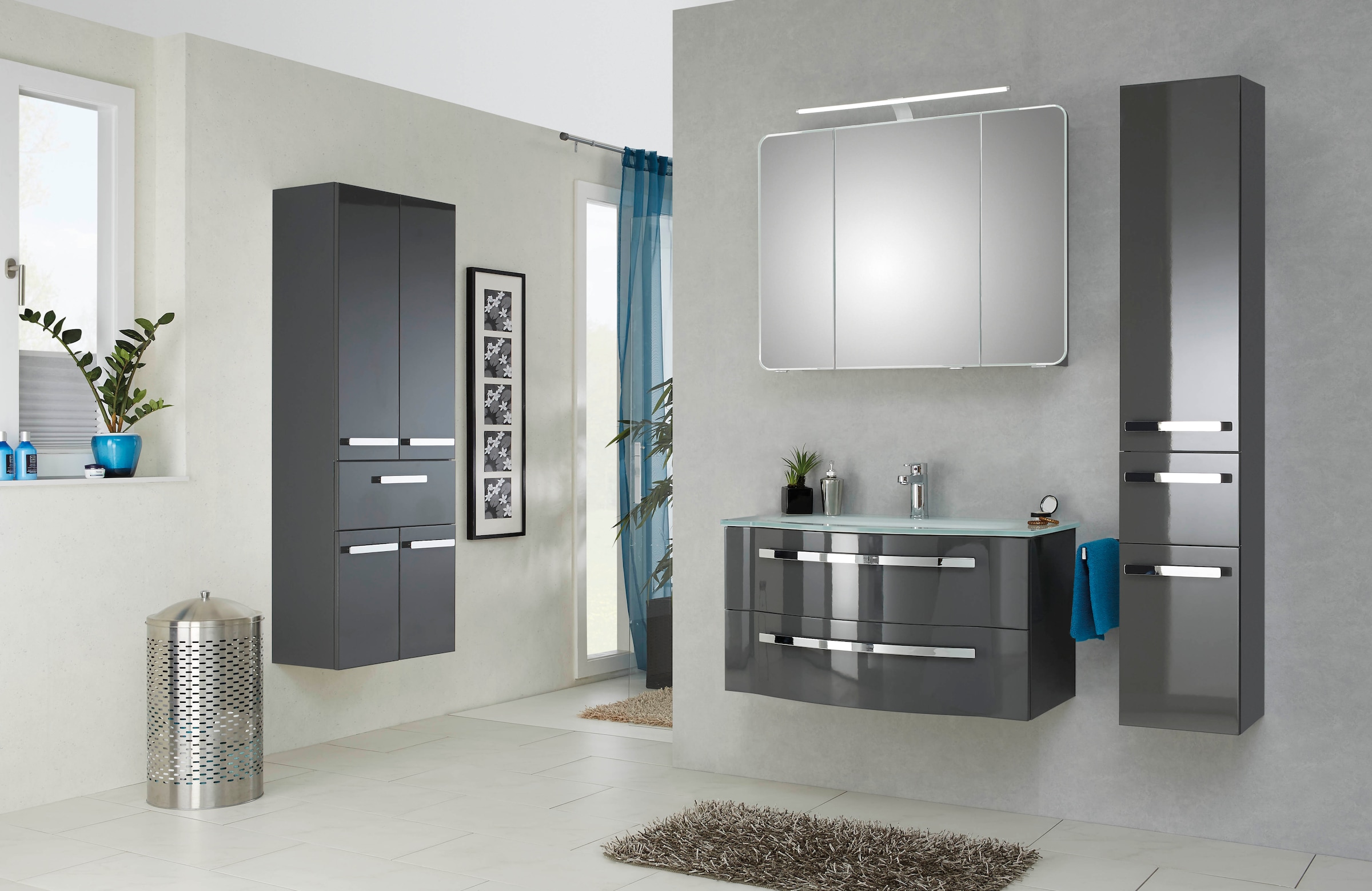 Saphir Waschtisch »Serie 4005 Glas-Waschtisch mit Unterschrank, 92 cm breit«, Waschplatz mit 2 Schubladen, Badmöbel-Set mit Waschtisch
