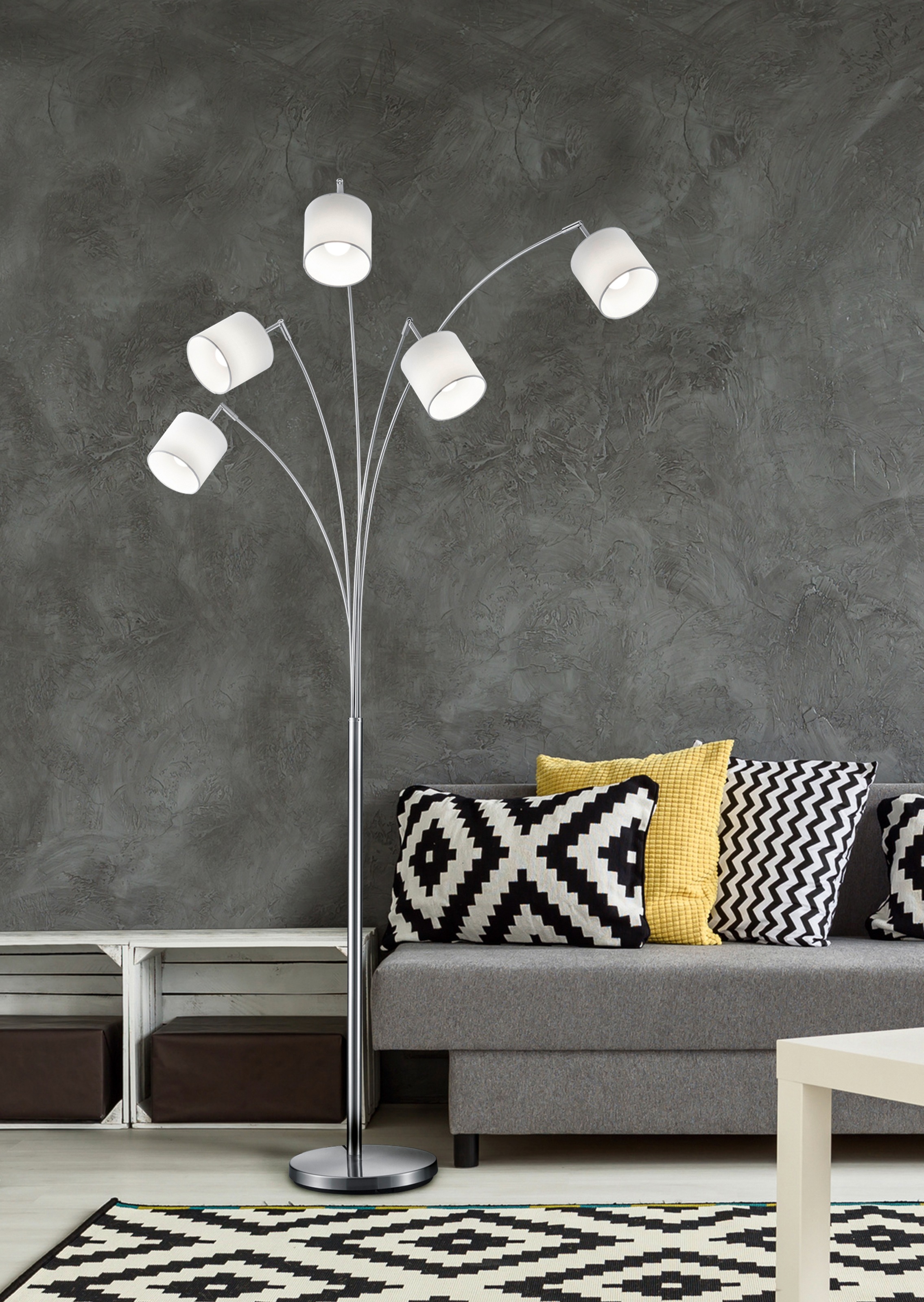 REALITY Leuchten Stehlampe »TOMMY, Bogenleuchte 5-flammig, exkl 5x E14 max 28W, mit Fussschalter«, 5 flammig, Leuchtmittel E14 | Leuchtmittel wechselbar, Stehlampe Wohnzimmer mit Stoffschirmen und verstellbaren Spots
