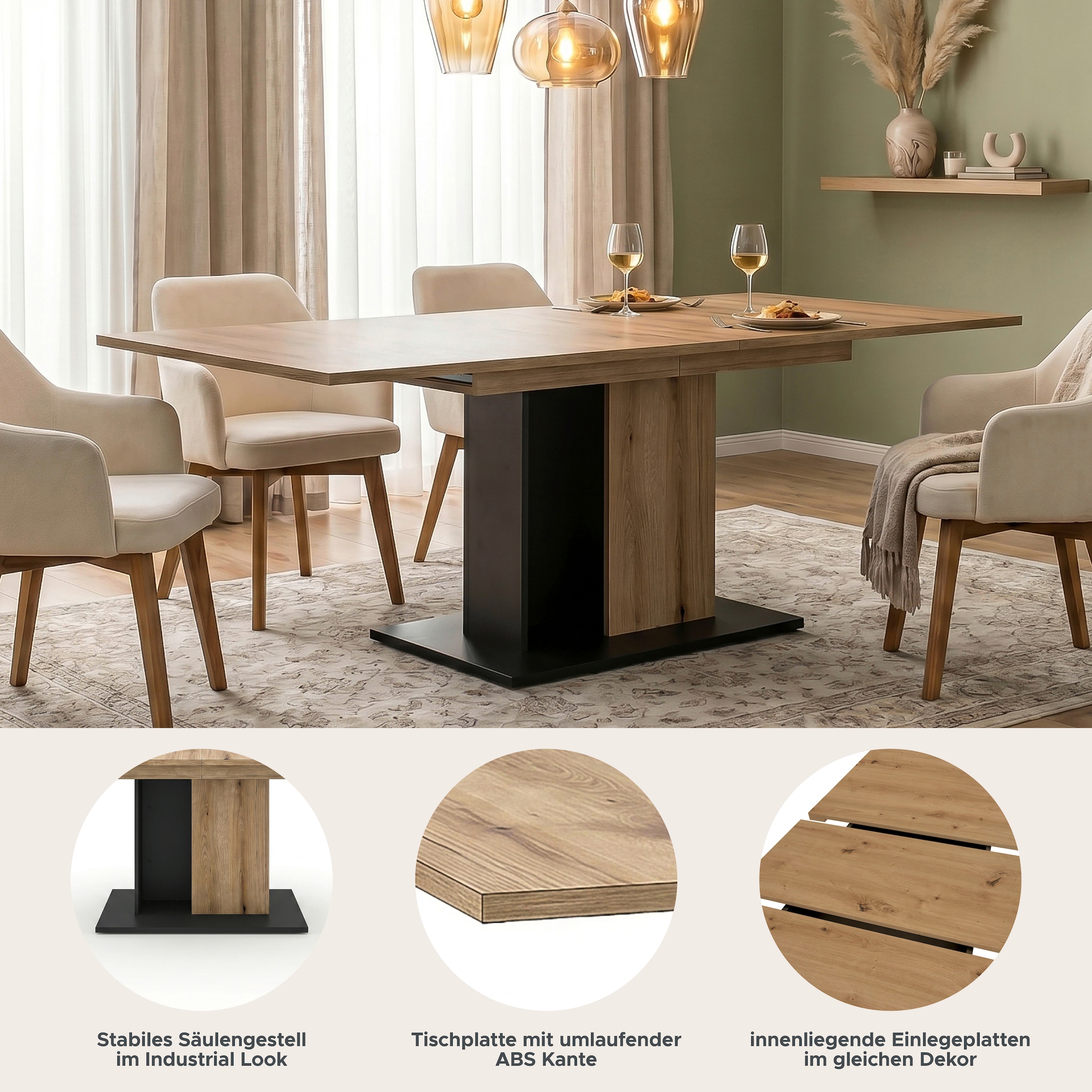 OTTO home Esstisch »MONOLITH, ausziehbar 150 -230 cm, inklusive 2x 40 cm Einlegeplatte« Doppelsäulen-Gestell mit Bodenplatte, Tisch, Küchentisch, Esszimmer