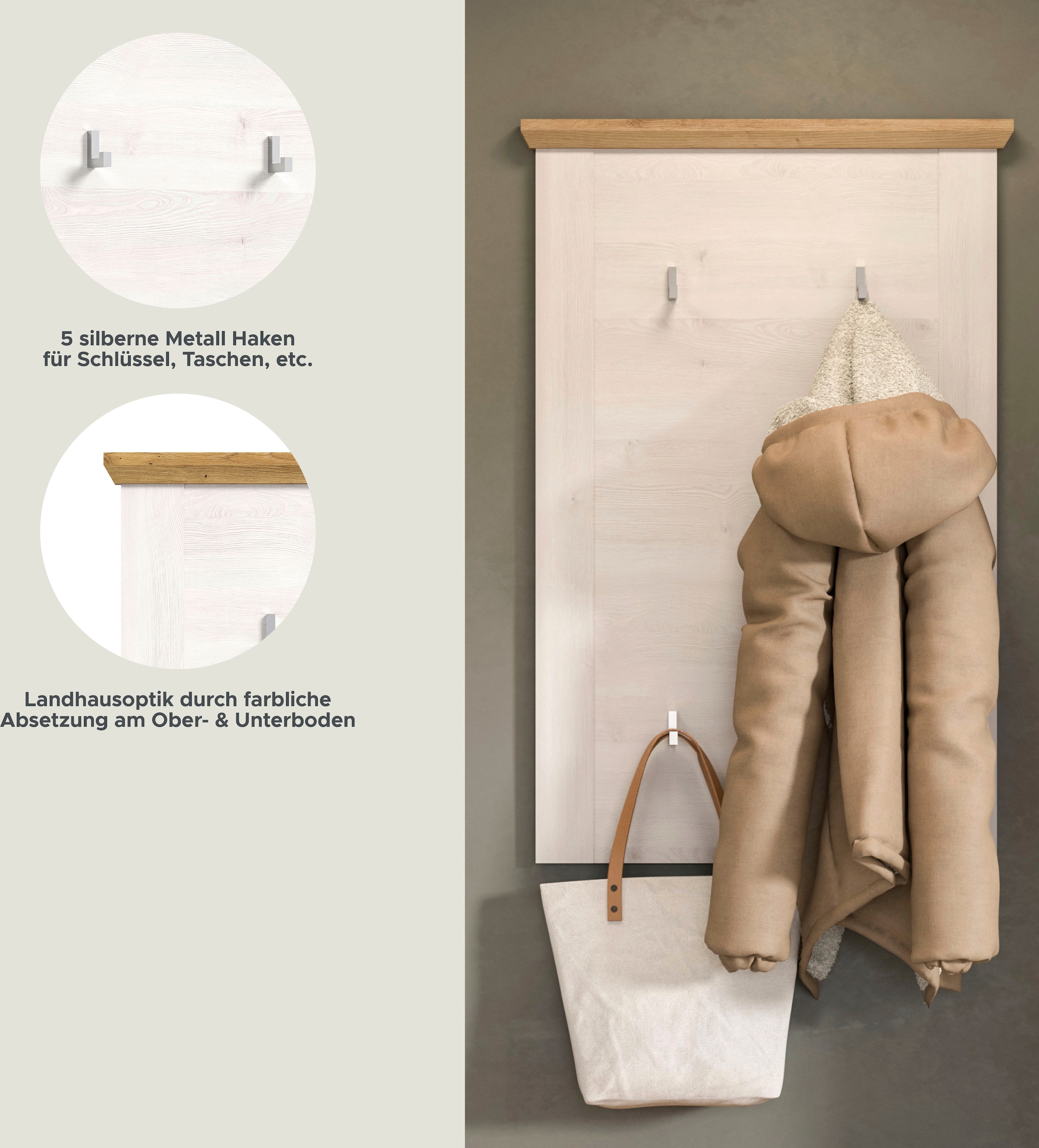 Home affaire Garderobenpaneel »COSENZA, TOPSELLER!, Höhe 103 cm, 5 Garderobenhaken, 2-farbig«, in Landhausoptik, Wandpaneel, Paneel, Wandhaken