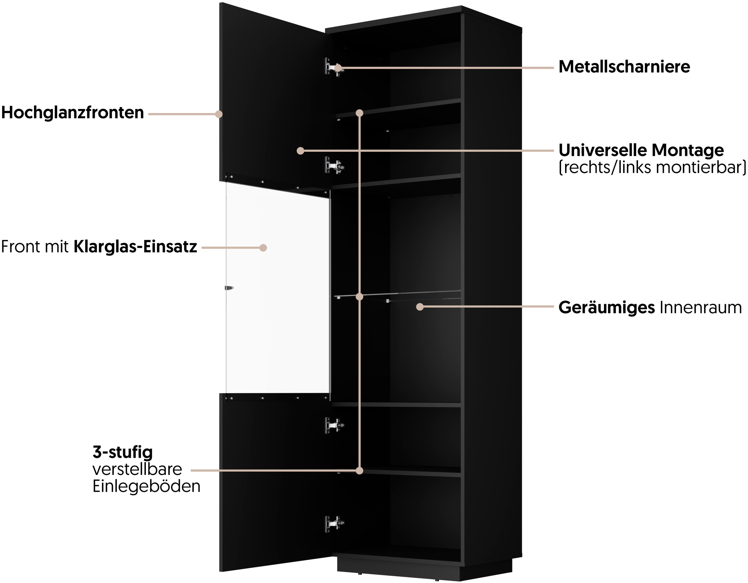 Home affaire Vitrine »Tuluza,Höhe 200 cm,moderne Glasvitrine mit verstellbaren Einlegeböden« Standvitrine 1Trg, viel Stauraum ohne Beleuchtung, Hochglanzfront