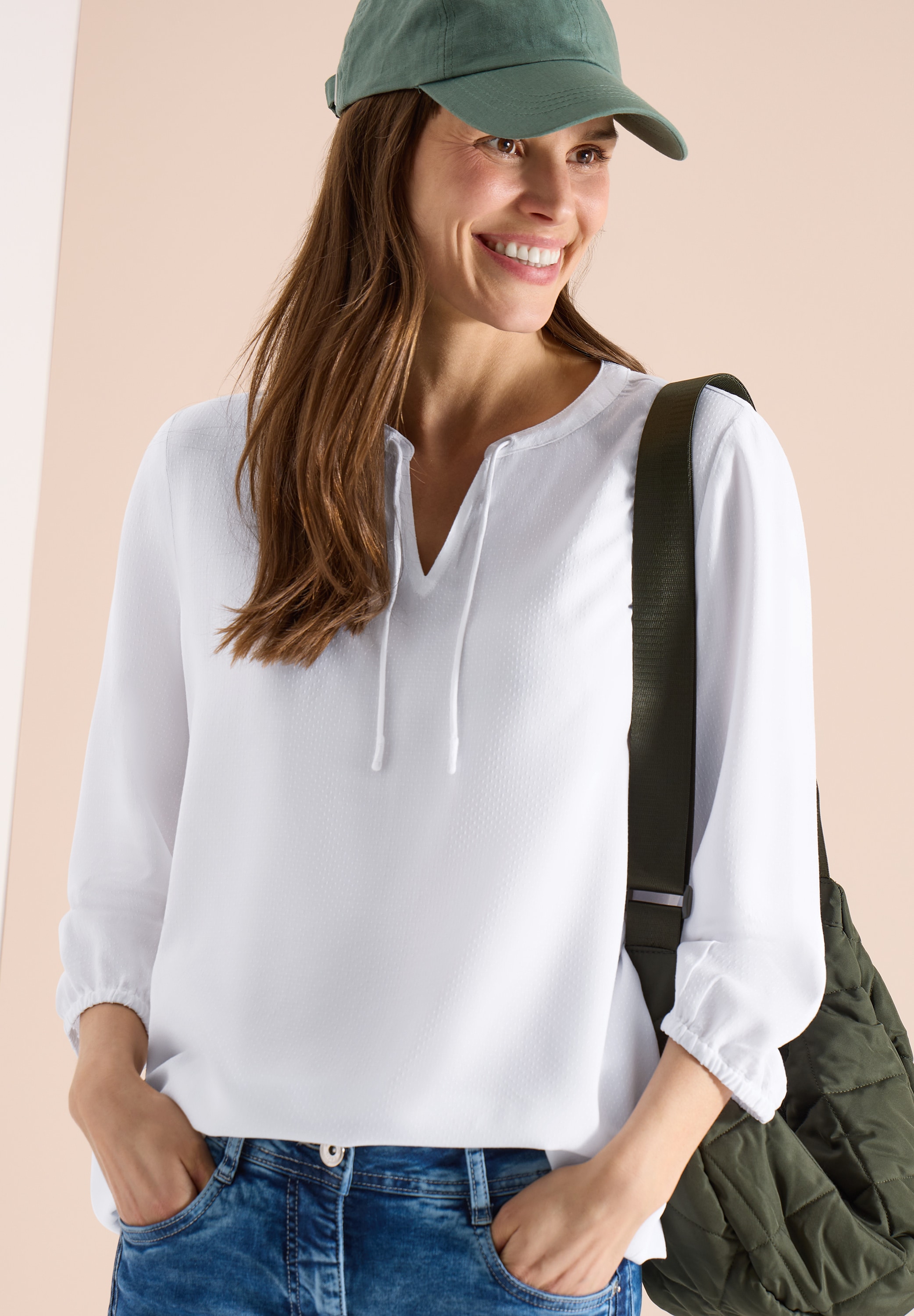 Langarmbluse CECIL, Damen, Gr. L (42), weiß, Stoff, 100% Viskose, unifarben, klassisch normal, Rundhals, elastischer Bund, Blusen, aus softer Viskose