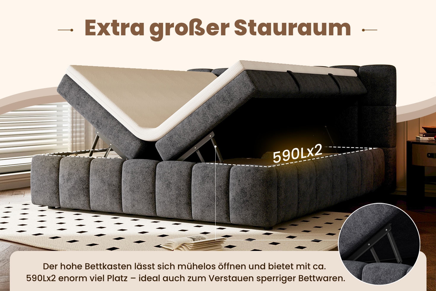 OTTO home Boxbett »AARRON, Polsterbett mit Bettkasten und Taschenfederkernmatratze (H3)« 180x200cm Liegefläche, Komfortschaumtopper (7cm)