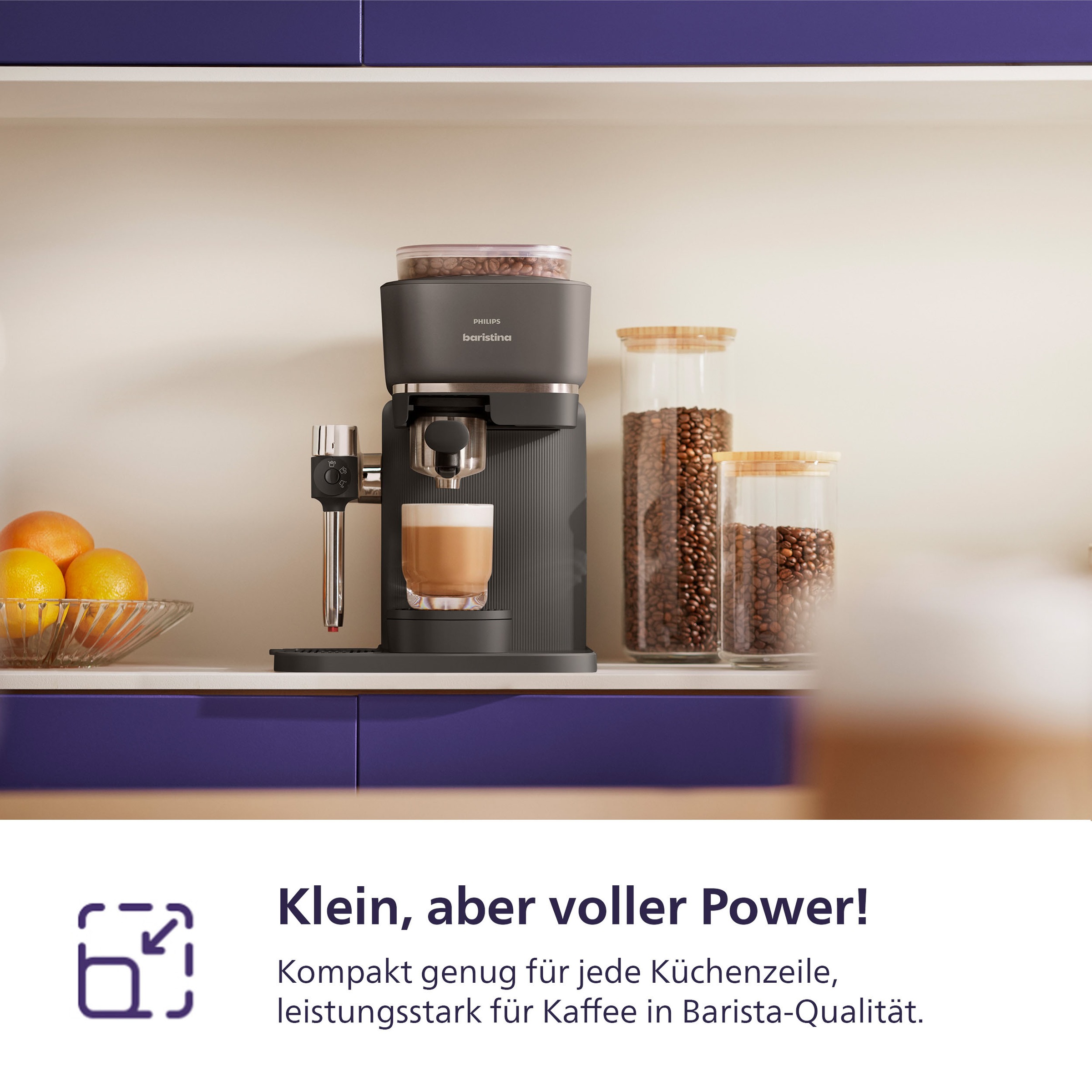 PHILIPS baristina Espressomaschine »Latte BAR400/60 mit Mahlwerk für ganze Bohnen und Milchschaumdüse« 3 Schaumarten, 16 bar Pumpendruck, Schwarzgrau​