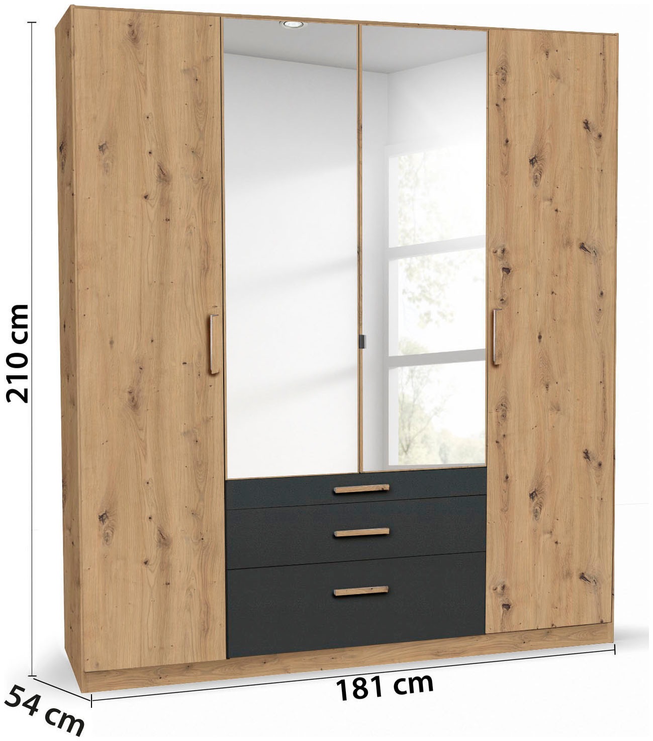 rauch Kleiderschrank »Schrank Drehtürenschrank Ankleide Garderobe Schlafzimmer MOSBACH« Breiten: 181/226/271 cm, Höhe 210 cm,  mit Spiegel und farblich abgesetzten Schubladen MADE IN GERMANY