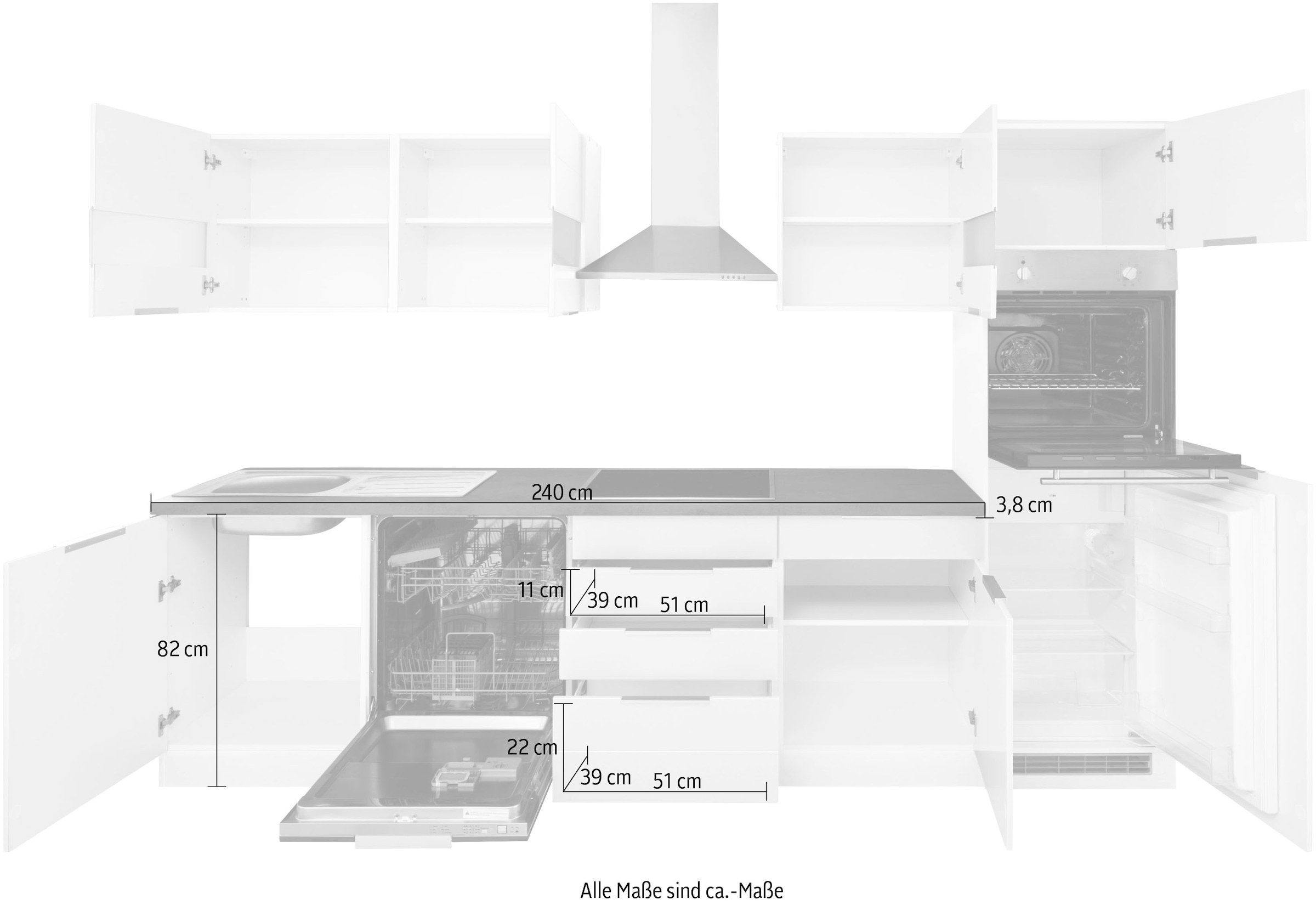 KOCHSTATION Küchenzeile »KS-Luhe«, 300 cm breit, wahlweise mit oder ohne E-Geräten, gefräste MDF-Fronten