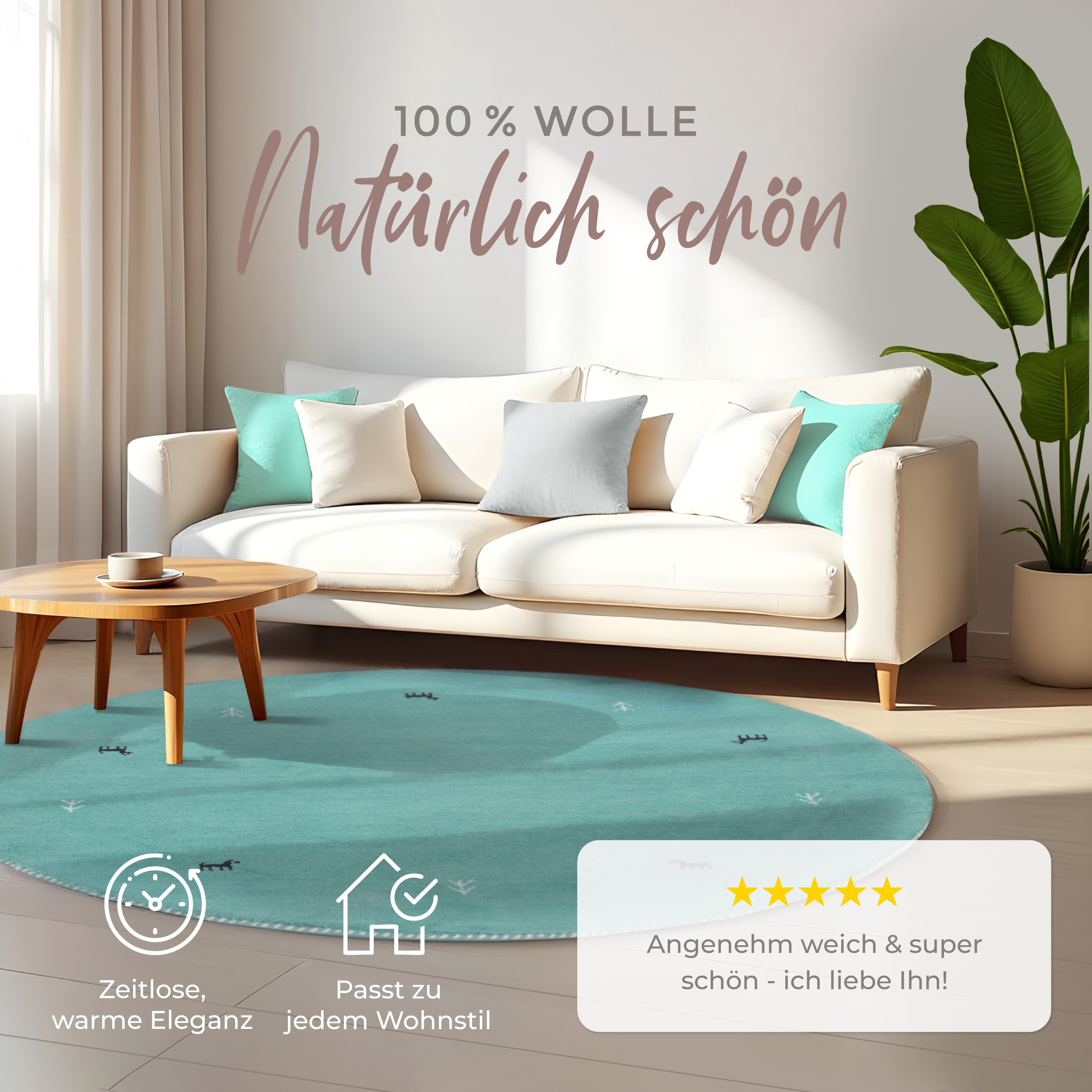 Thumbnail - carpetfine Wollteppich "Gabbeh Uni" rund 15 mm Höhe reine Wolle handgewebt, Gabbeh Tiermotiv warmes Raumklima viele Größ...