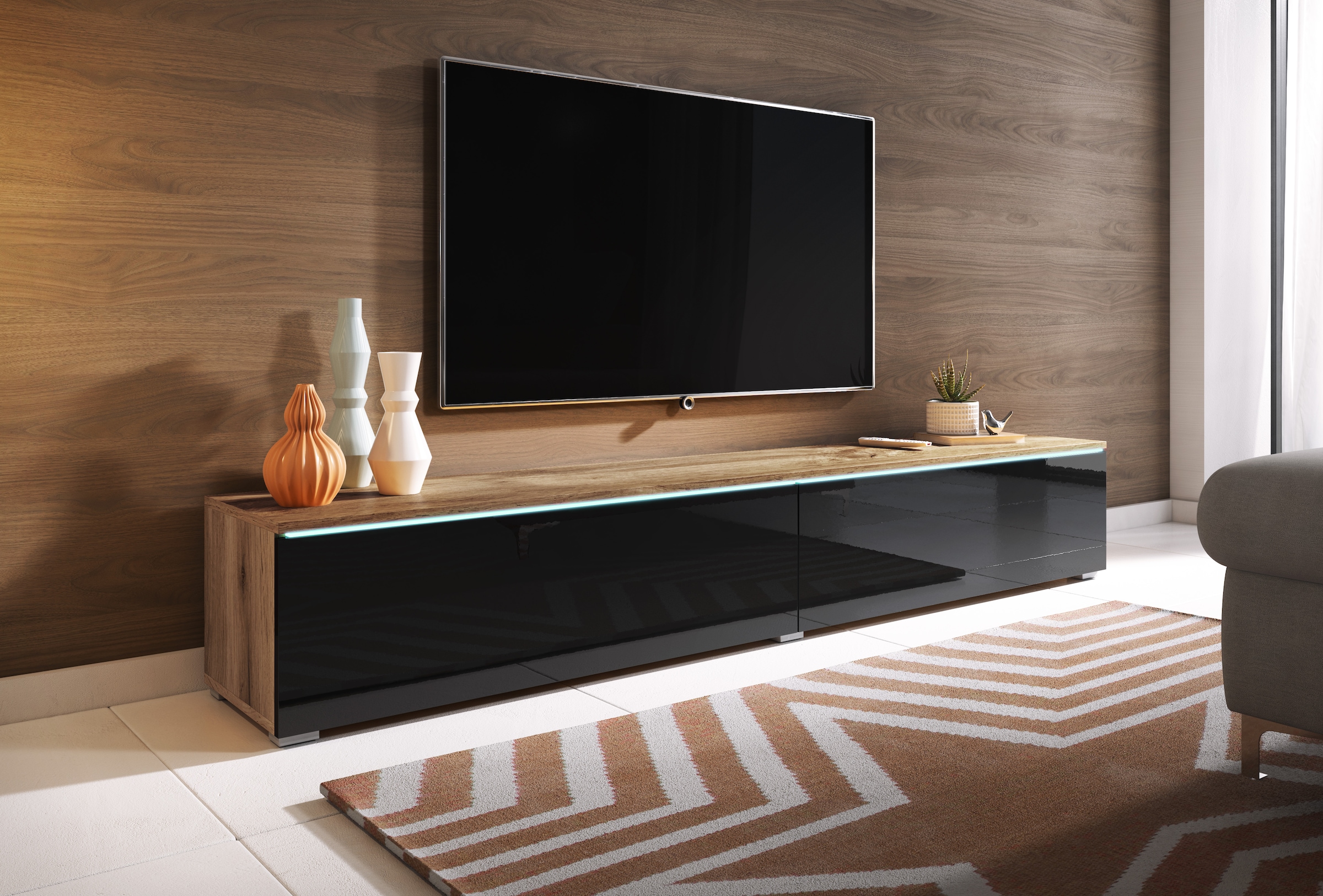 INOSIGN Lowboard »LOWBOARD VERA, wahlweise mit oder ohne Beleuchtung«, Modernes griffloses TV-Board, 180 cm TV-Schrank, stehend und hängend