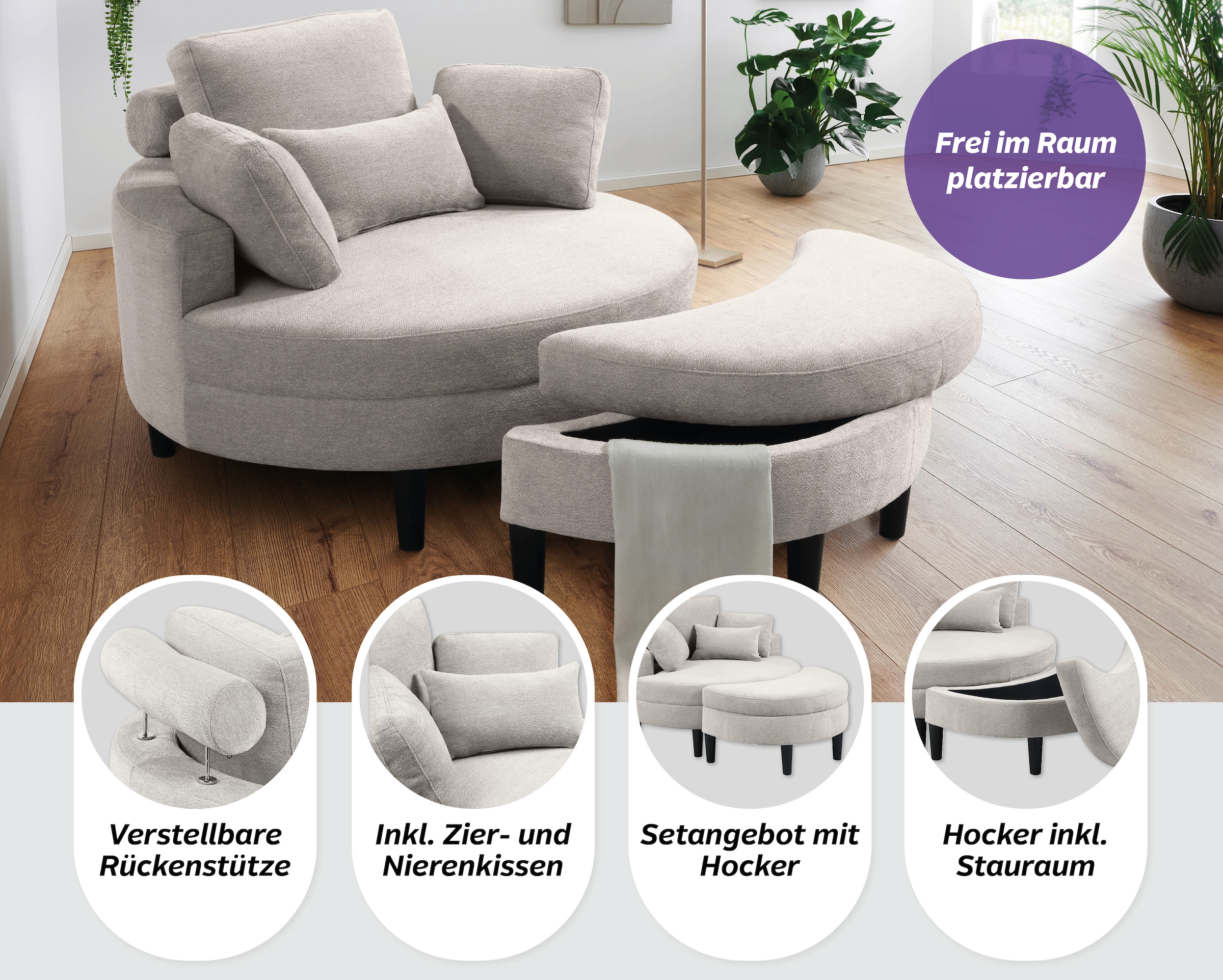 OTTO home Loveseat »Ravi Sessel, B: 114 cm, Sitzhöhe: 42 cm« XXL- Sessel, mit Stauraumhocker, Rückenstütze & 4 Zierkissen