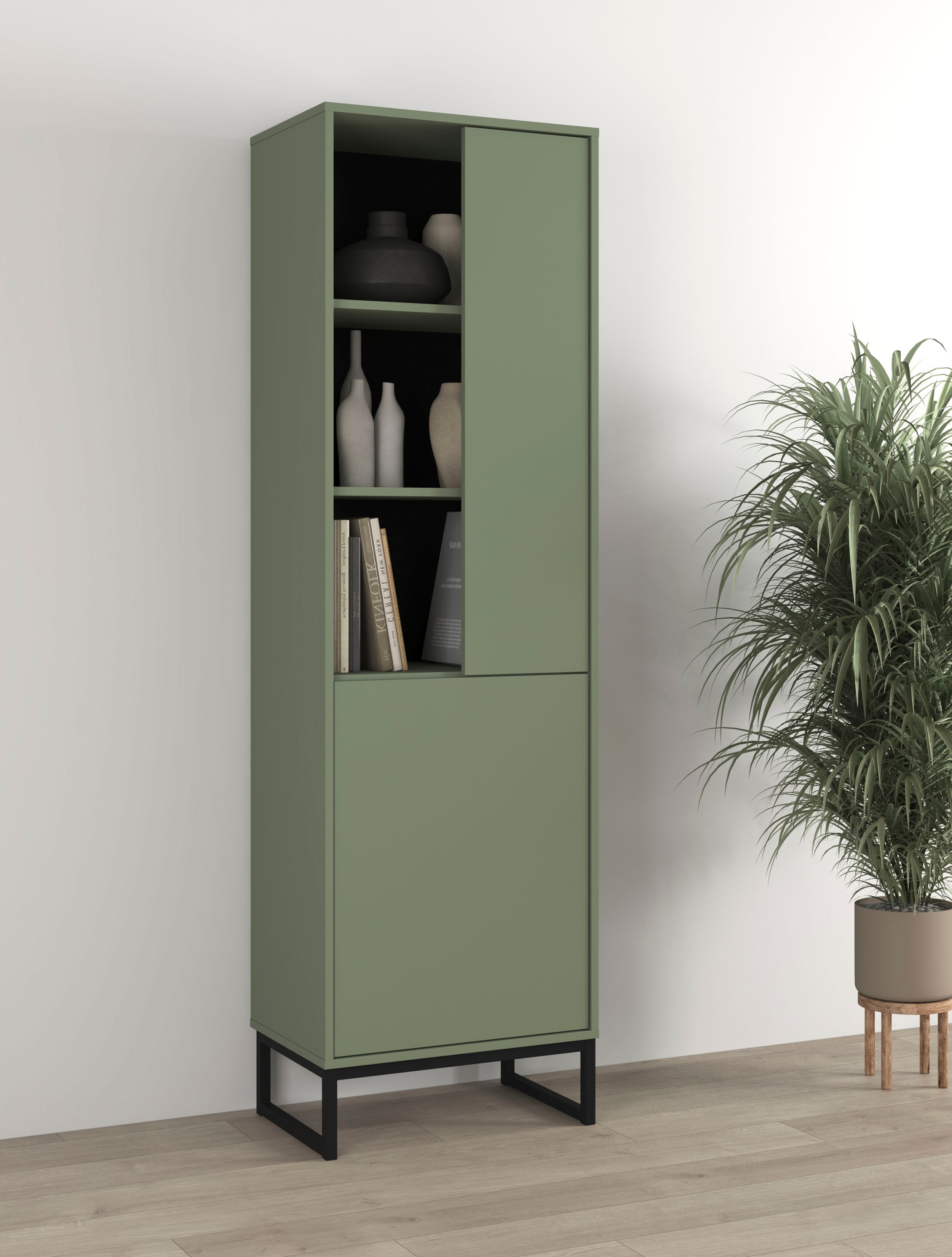 OTTO home Vitrine "Loft, Höhe 180 cm, moderne grifflose Standvitrine mit 2 Türen" Hochschrank mit viel Stauraum, verstellbaren Einlegeböden, Regal