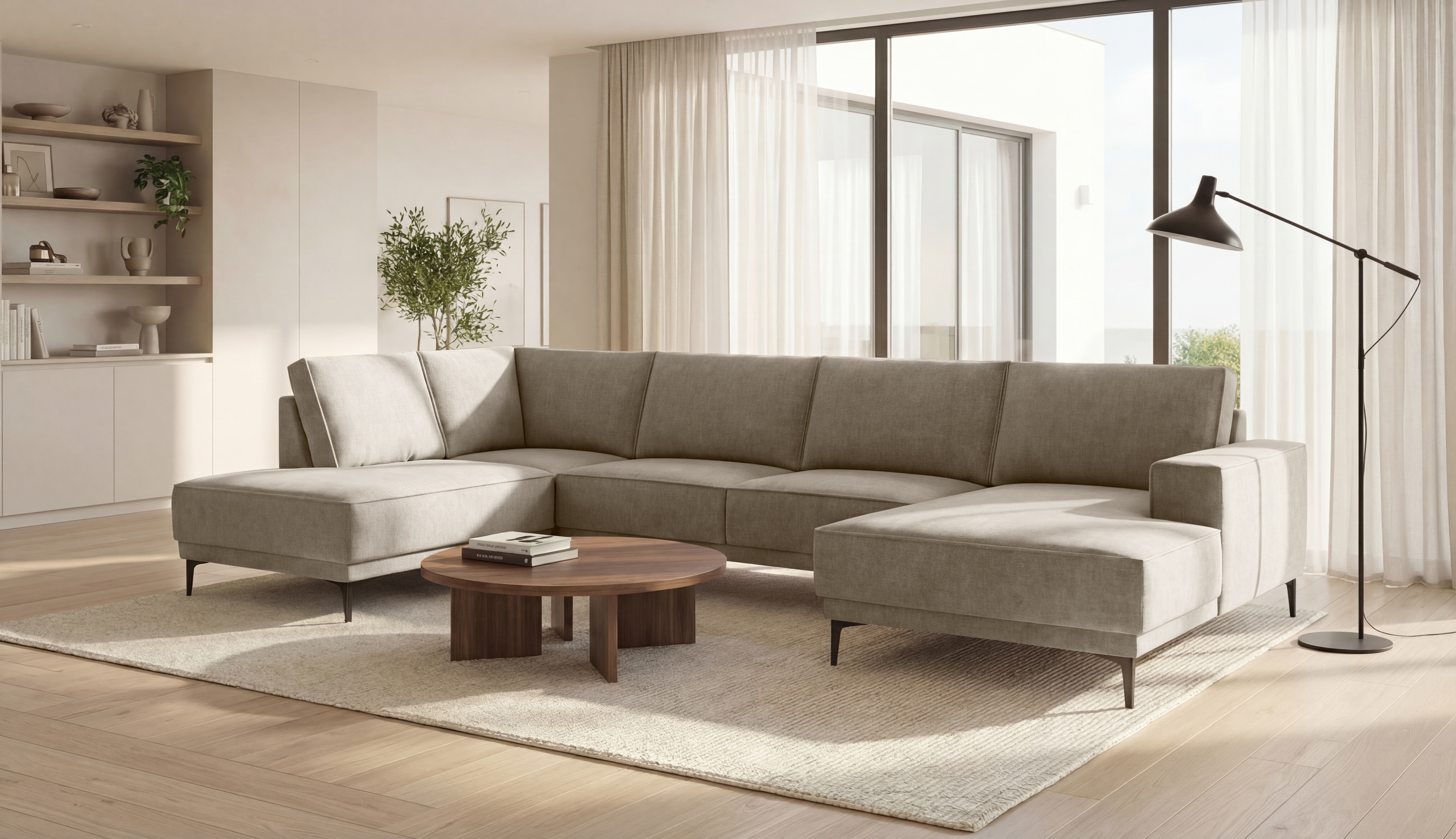 OTTO home Wohnlandschaft "OLAND Bouclé U-Form, XXL, B: 345 cm, Skandi-Design" U-Form, 345 cm, Wellenunterfederung, Skandi-Design, Metallfüße