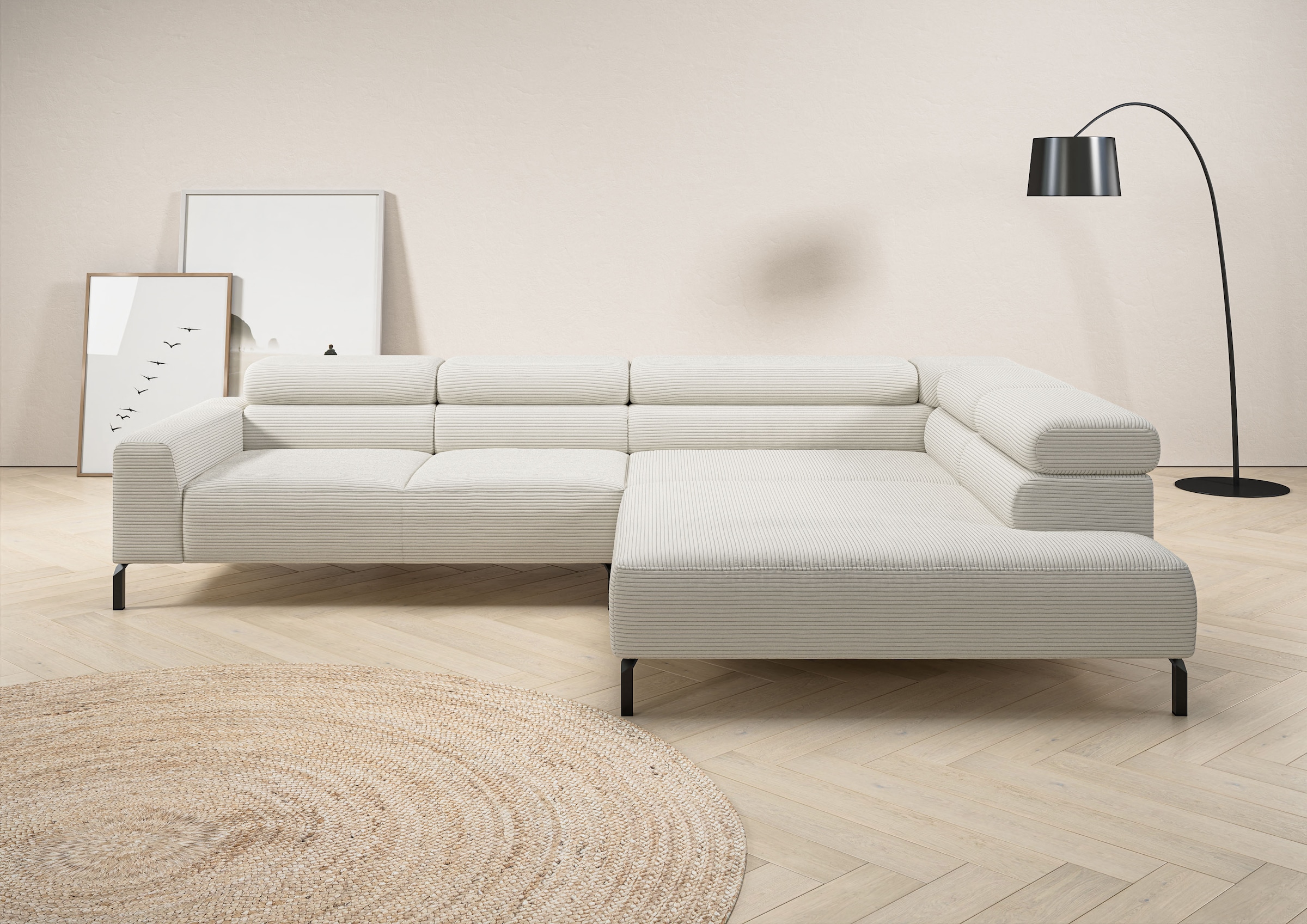 Home affaire Ecksofa "Antonelli, L-Form, incl. Kopfteilverstellung, Breite 312 cm" ohne Sitztiefenverstellung, in Cord, weiß