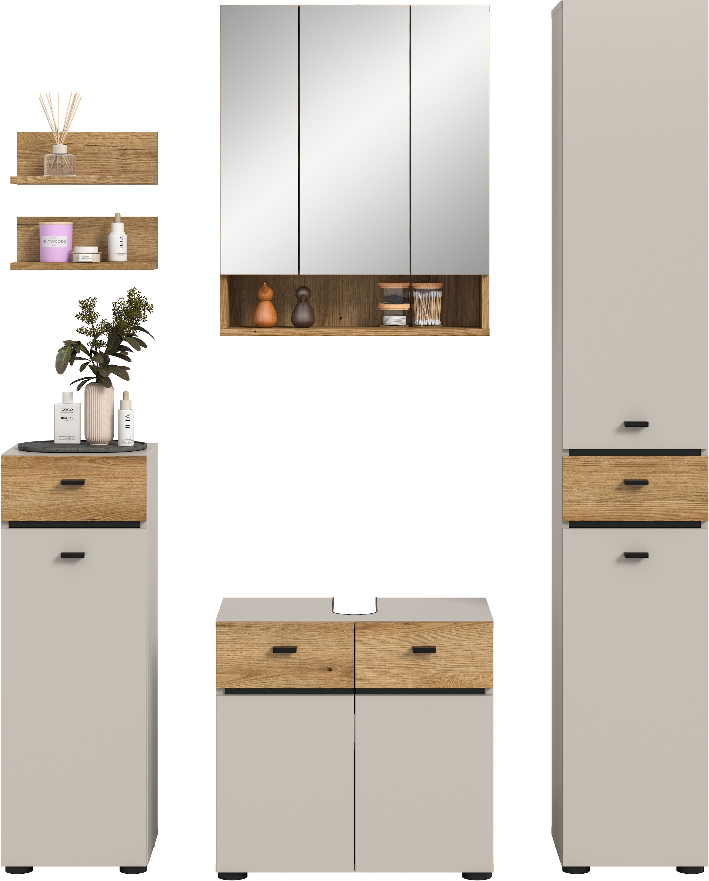 welltime Badmöbel-Set »VANN, 6-teilige moderne Badkombination, individuell stellbar« Midischrank, 2er Set Wandregal, WBU, Spiegelschrank, Hochschrank, 6 Stk. tlg.