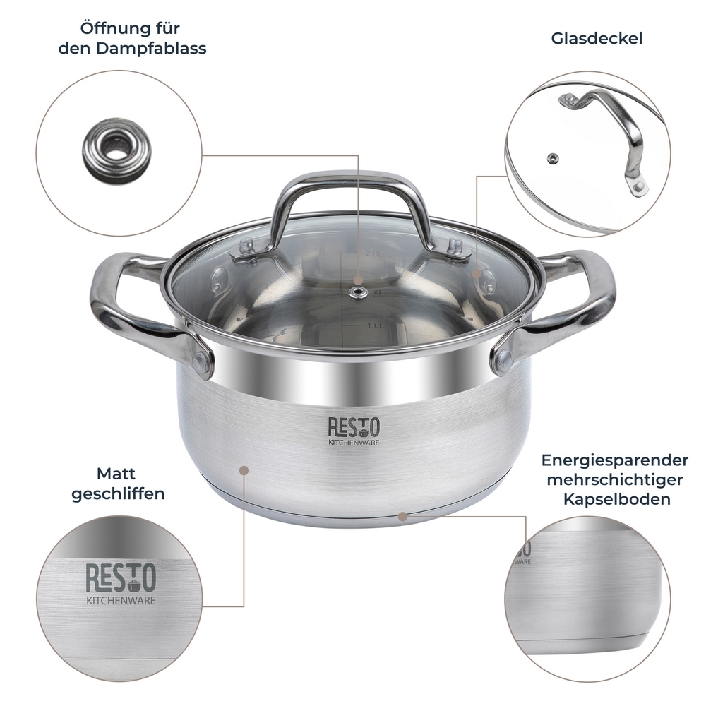 RESTO Kitchenware Kochtopf »Libra, Topf energiesparend und spülmaschinenfest«, Edelstahl 18/10, (2 tlg.), mit hitzebeständigem Glasdeckel und Griffen