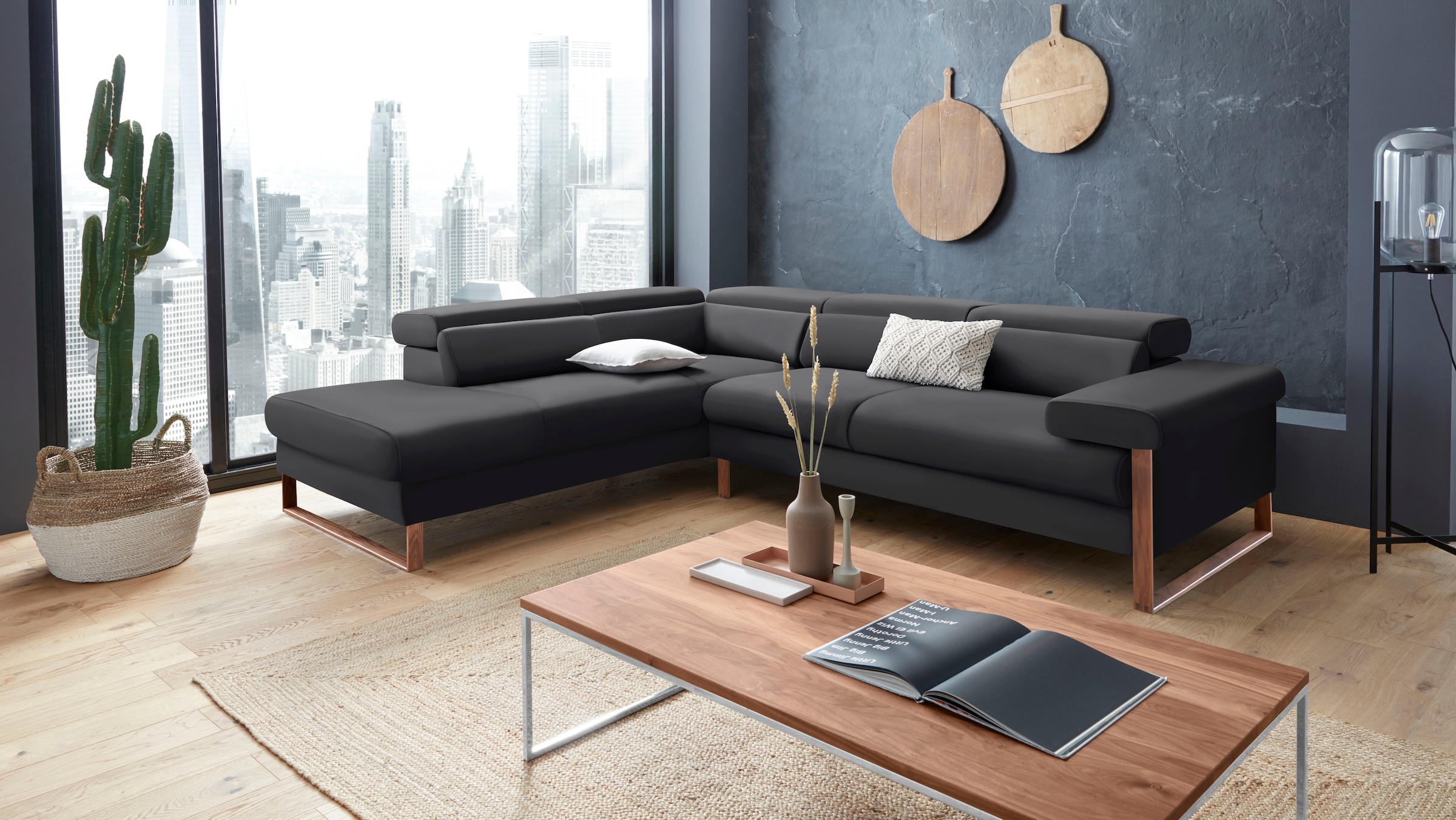 W.SCHILLIG Ecksofa "finn, Designsofa mit tollem Sitzkomfort, bequem, L-Form" German Design Award 2016, Fußgestell Nussbaum natur, Breite 281 cm
