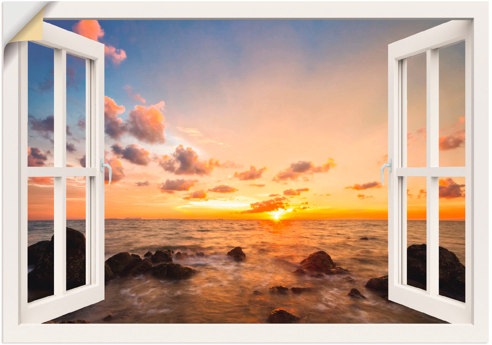 Wandbild »Fensterblick Sonnenuntergang am Meer«, Fensterblick, (1 St.), als Alubild,...