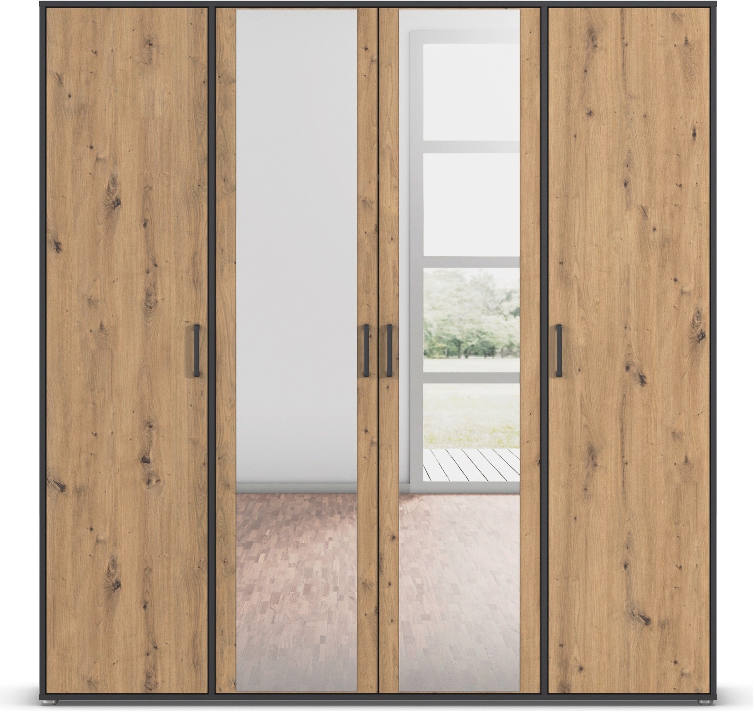 rauch Drehtürenschrank »Kleiderschrank Schrank Garderobe Wäscheschrank VOYAGER«, (in 3 verschiedenen Ausstattungen BASIC/CLASSIC/PREMIUM), mit modernen Griffen in Graumetallic und Spiegel
