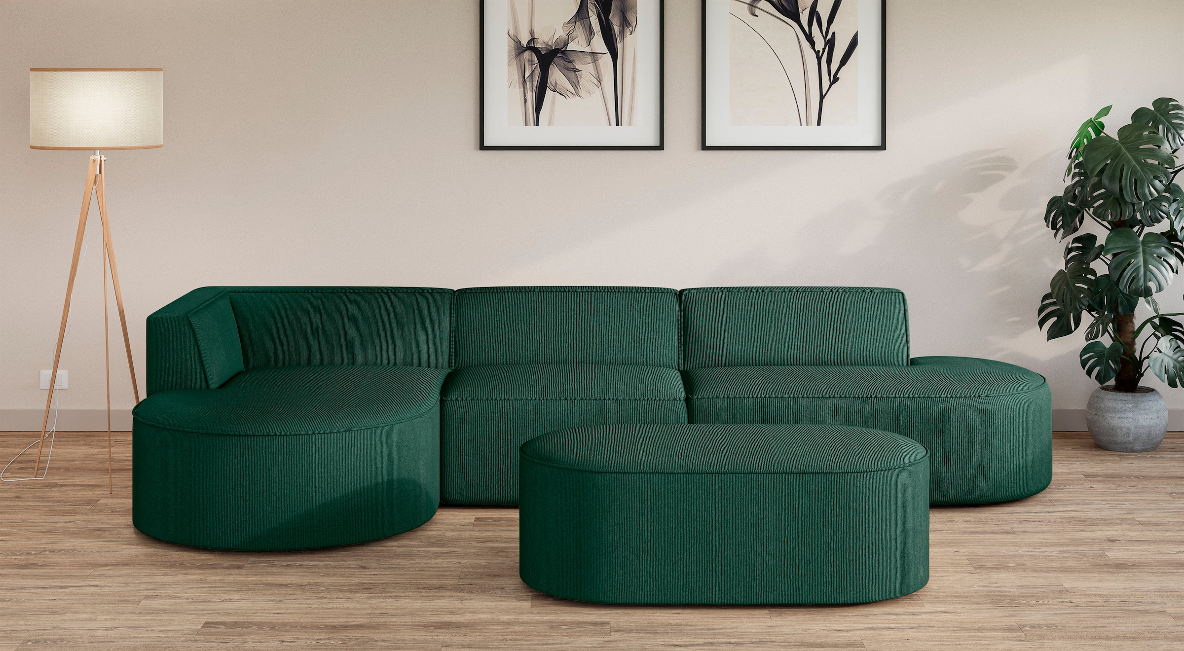 andas Ecksofa »Ecksofa EIVIND mit Ottomane rechts/links, Maße: B/H/T 343/159/72 cm«, L-Form mit Wellenunterfederung, auch in Feincord und Bouclé