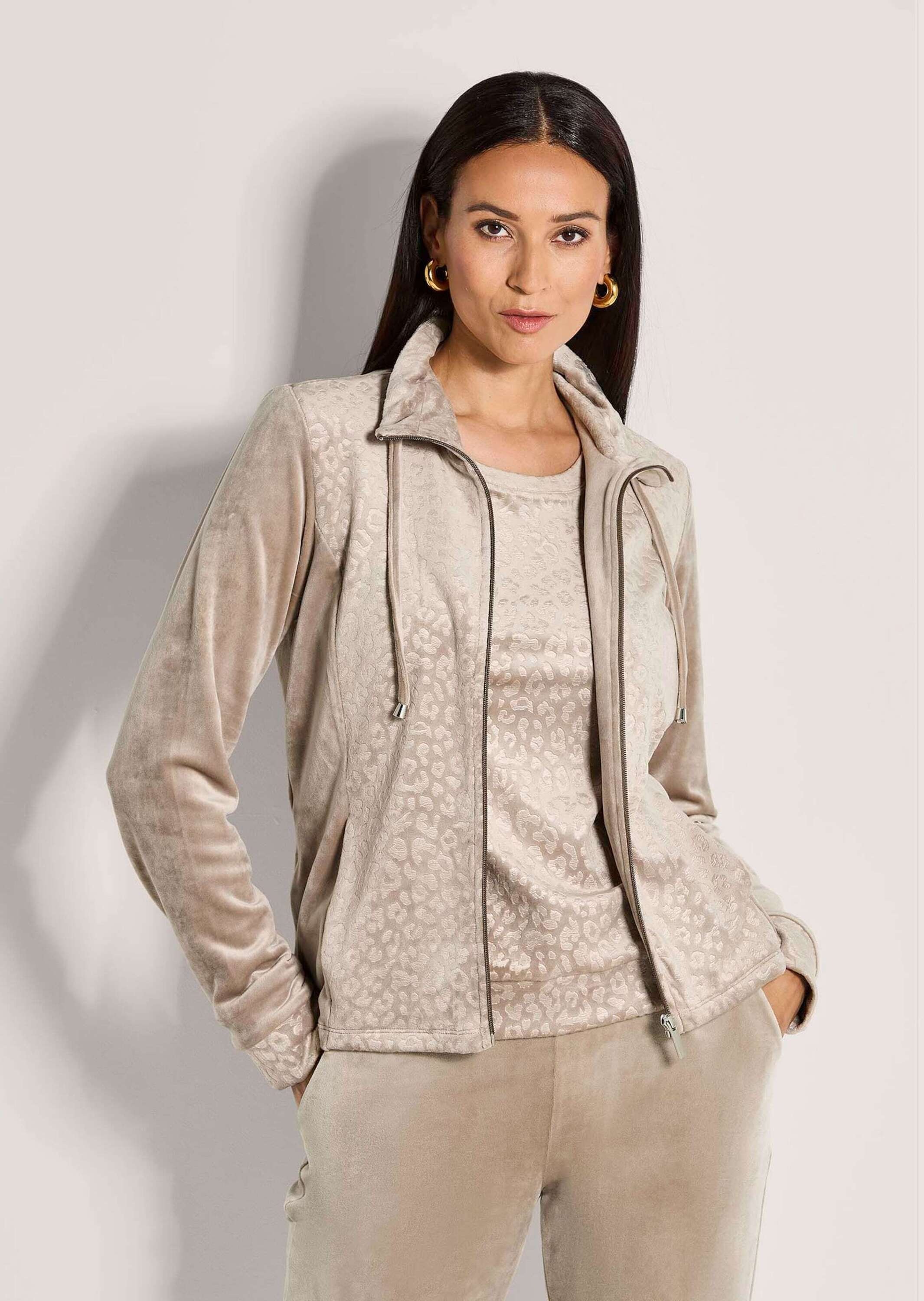 MADELEINE Women's Stretch Velour Zip-Up Jacket Taupe Size 42 2