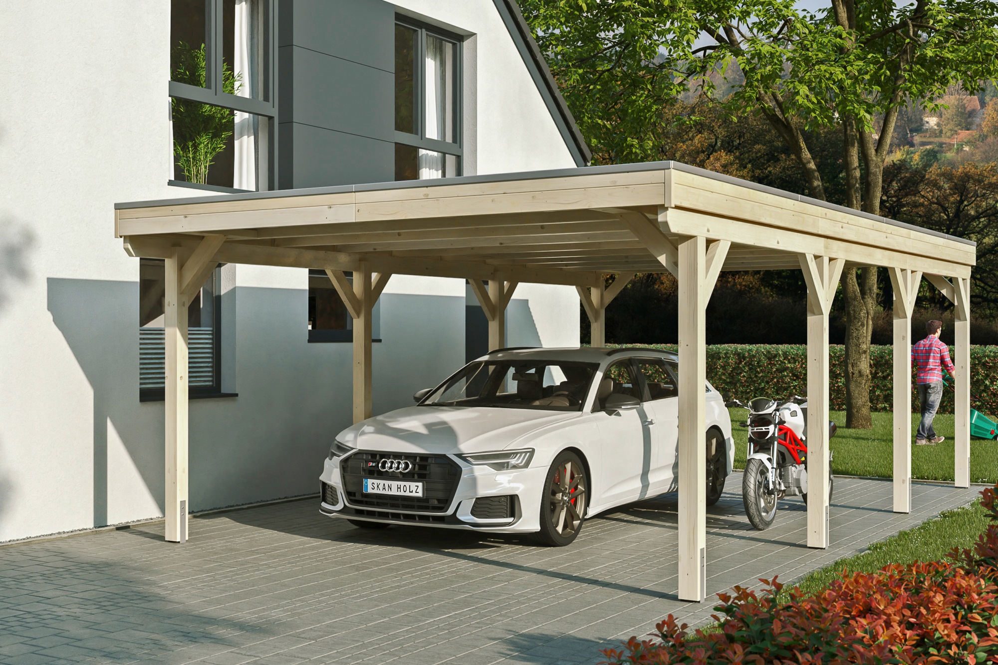 Skanholz Einzelcarport "Grunewald", Leimholz-Nordisches Fichtenholz, natur, mit EPDM-Dach