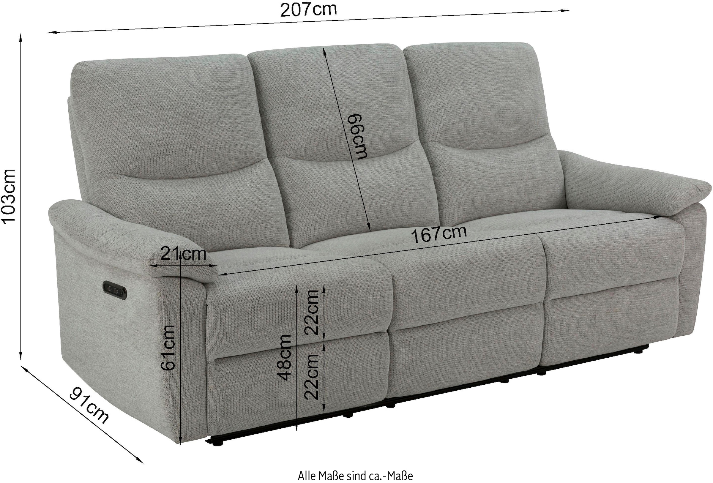 Home affaire 3-Sitzer »ODILON manuelle und elektrische Relaxfunktion in 2 Sitzen, Federkern,«, 105°-150° Relax- und Liegeposition, Federkernpolsterung