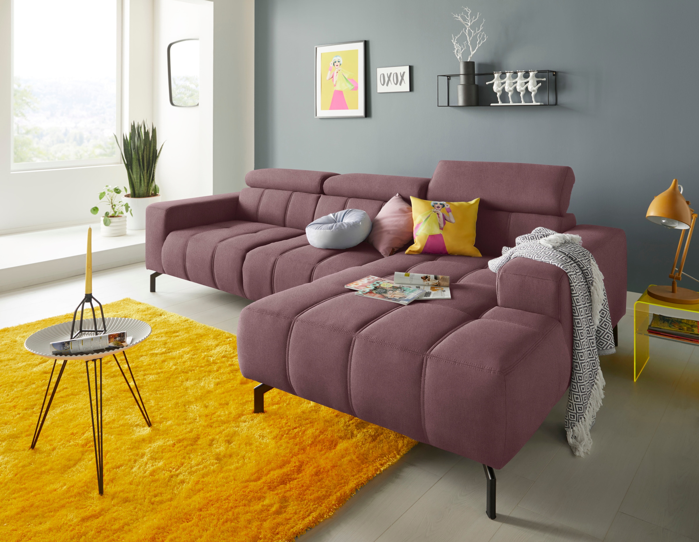DOMO collection Ecksofa "Cunelli tolle Sitznähte als Designelement, fester Sitzkomfort, L-Form" whlw. verstellbare Kopfteile, passend für gängige Saugroboter