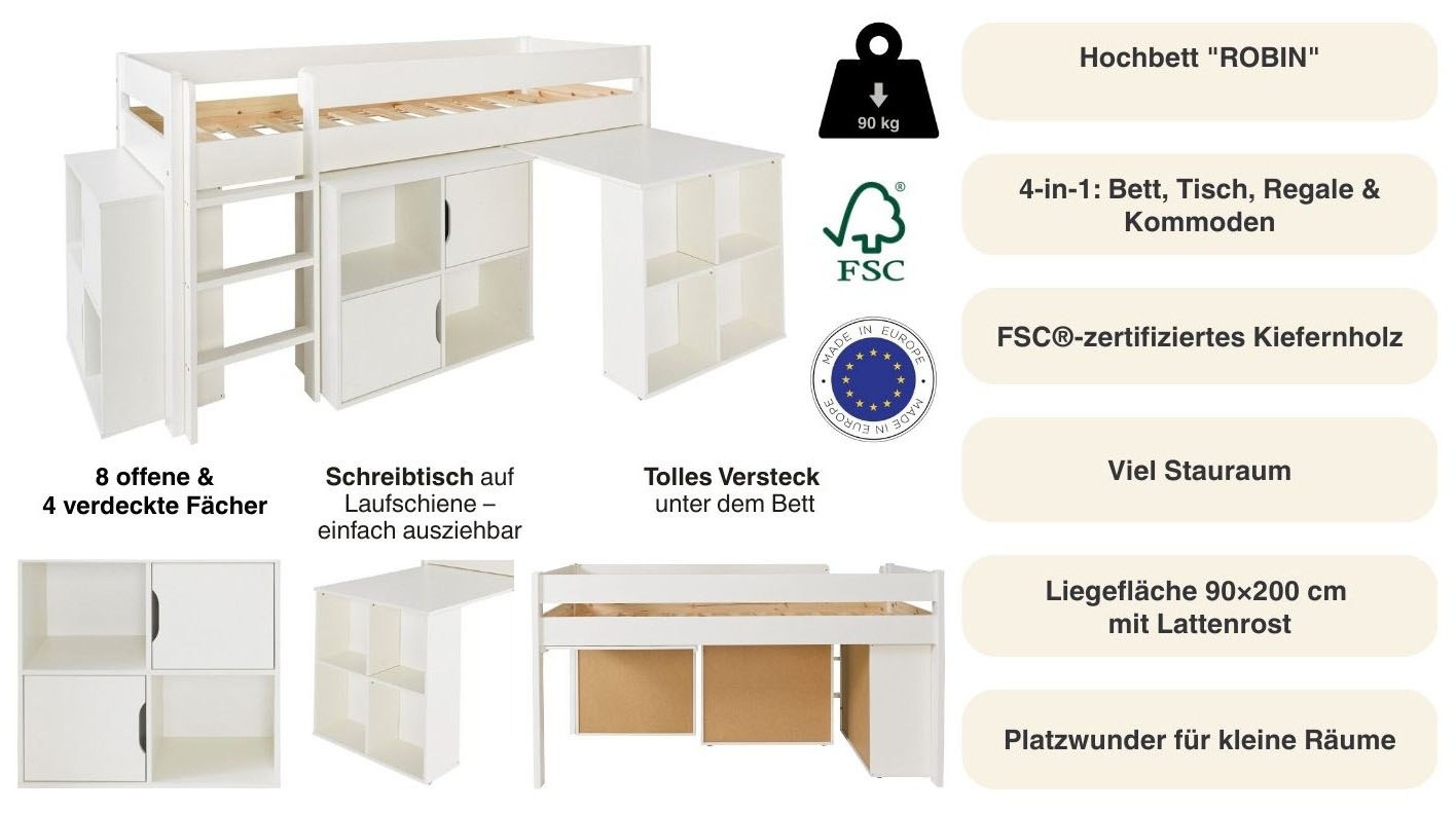 Thumbnail - OTTO home Hochbett ""ROBIN " Massivholz, viel Stauraum, seitenverkehrt montierbar" (4-tlg.), inklusive Schreibtisch und ...