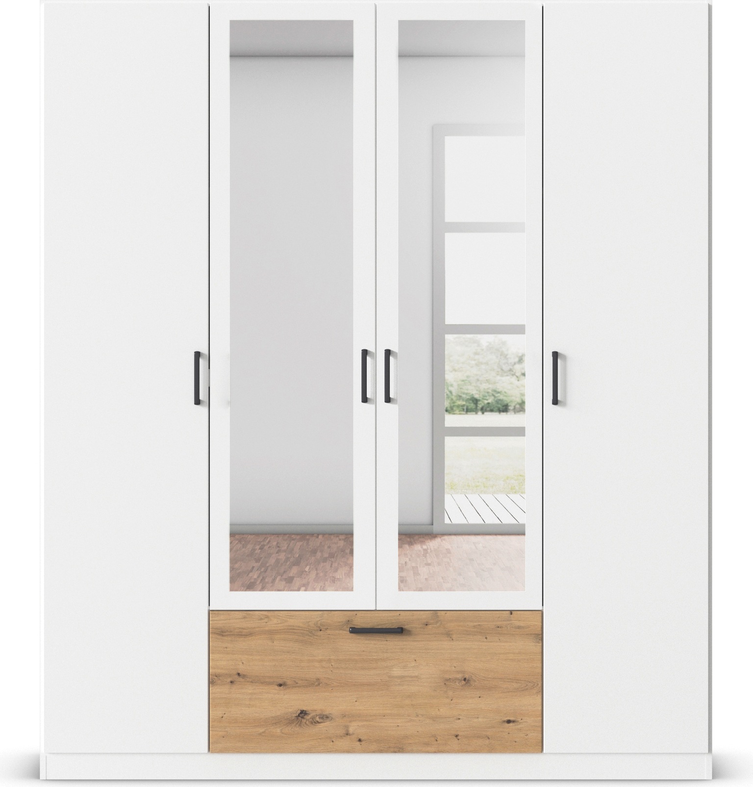 rauch Drehtürenschrank »Kleiderschrank Schrank Garderobe Wäscheschrank BARI mit Spiegel«, mit Schubasten mittig, moderner Griff in Graumetallic MADE IN GERMANY