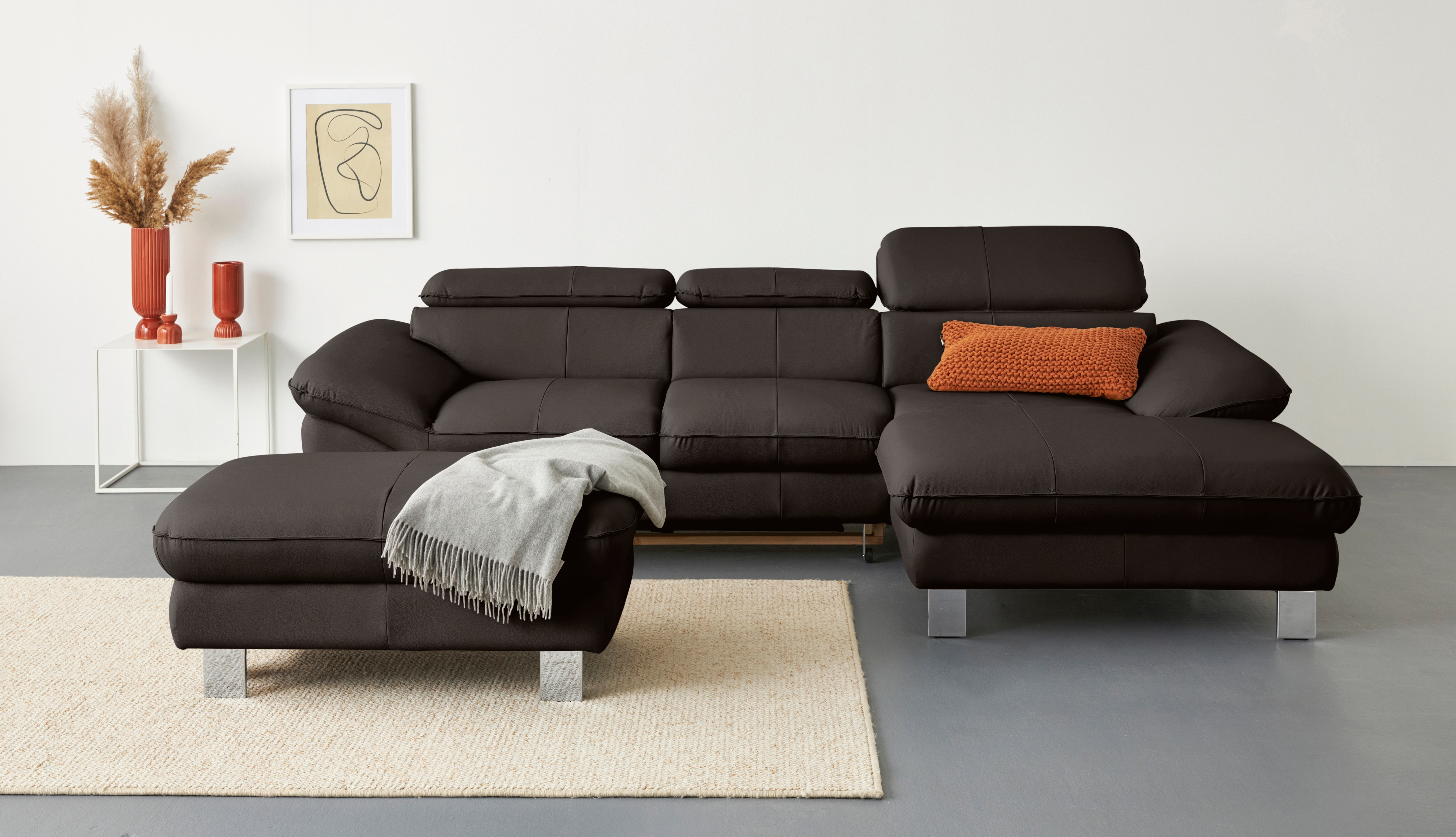 COTTA Ecksofa "Driver L-Form, B: 268 cm, moderne Couch mit Wellenunterfederung, Leder" Kopfteilverstellung, opt. Schlaffunktion + XL Bettkasten, LF:191x129cm