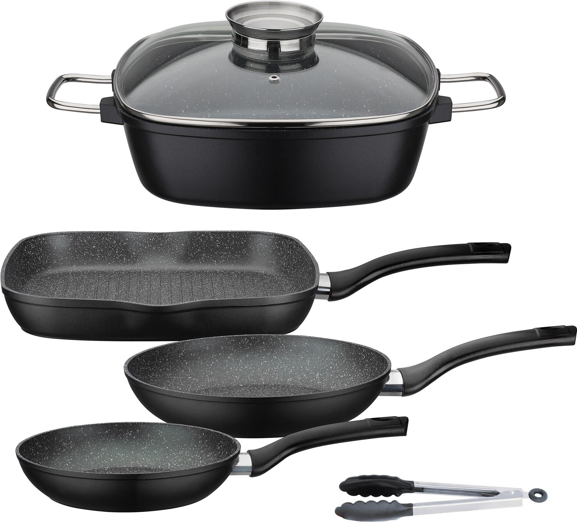 GSW 1100000002199 "Gourmet Granit" Set, 1 x Bräter, 1x Grillpfanne 28x28 cm, je 1x Bratpfanne Ø 20/24 cm, 5 Stk. tlg. Aluminiumguss