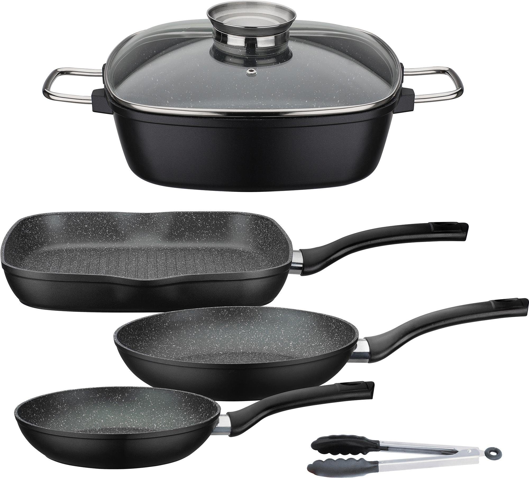 GSW Topf-Set "Gourmet Granit", Aluminiumguss, (Set, 5 tlg., 1 x Bräter, 1x Grillpfanne 28x28 cm, je 1x Bratpfanne Ø 20/2