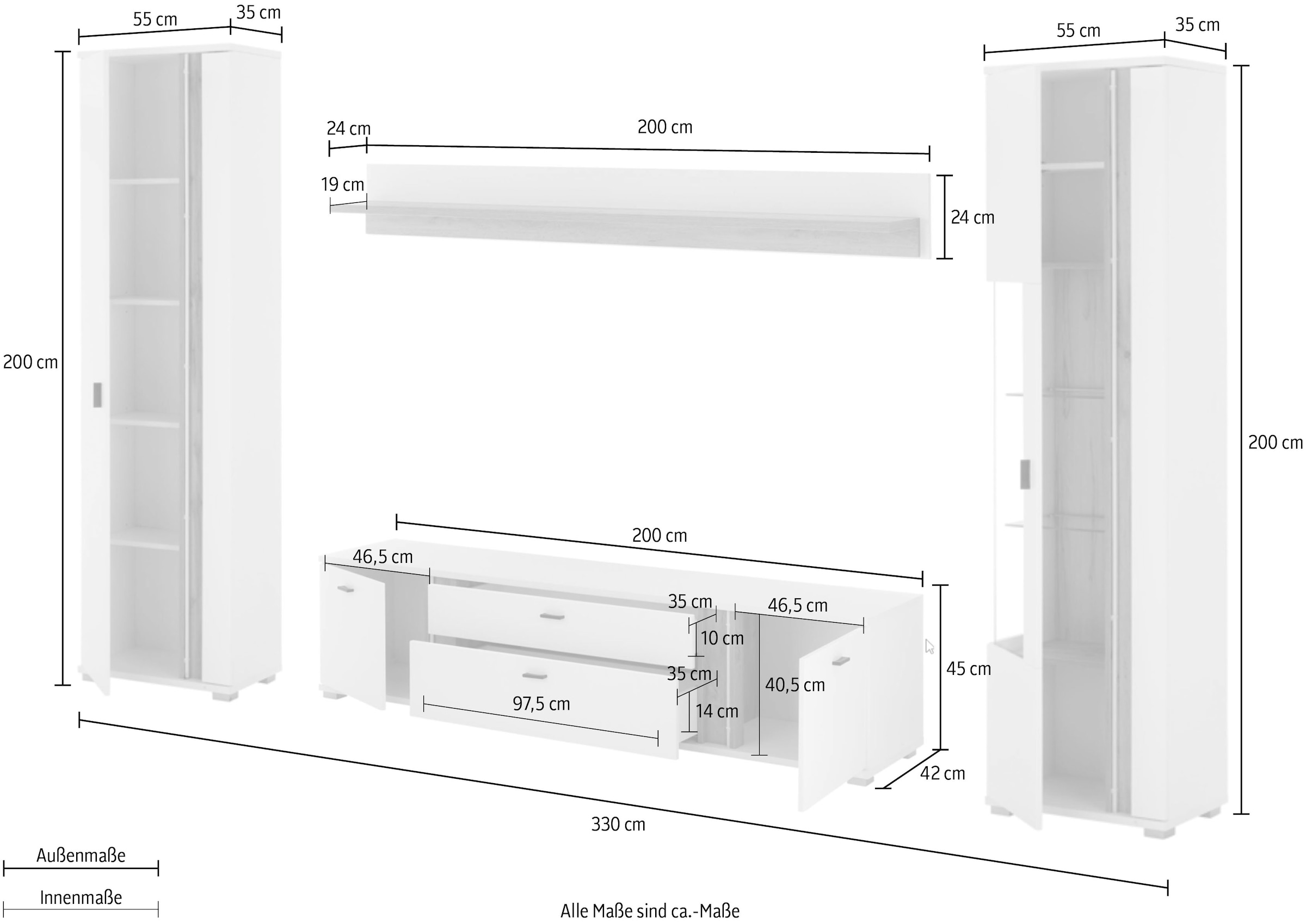 INOSIGN Wohnwand »LONG ISLAND«, (Set, 4 St.), in moderner Trendfarbe,inklusive senkrechter Beleuchtung,Breite 330 cm