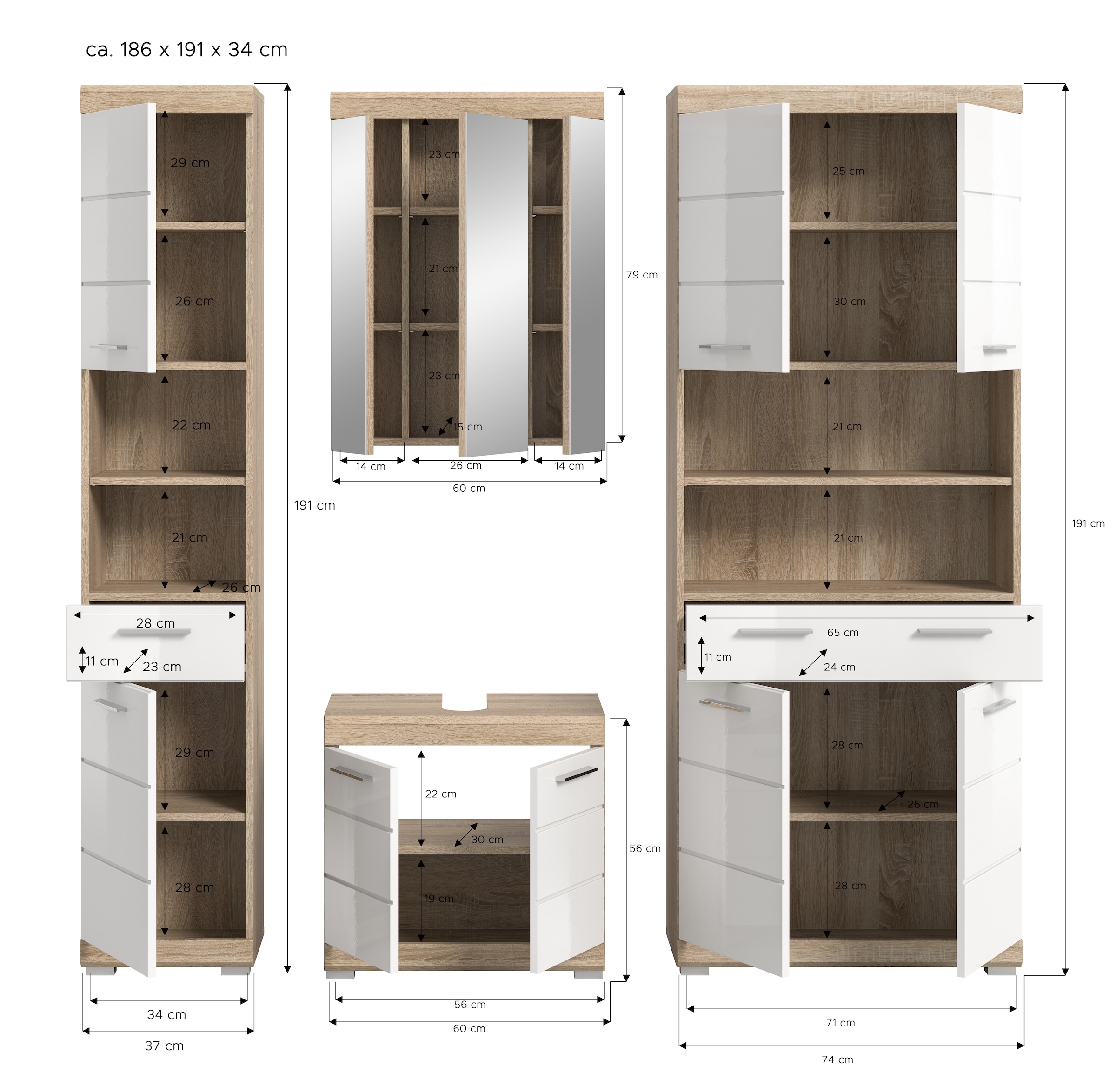 INOSIGN Badmöbel-Set »Siena, 4 teilig, bestehend aus:«, (Set), Hochschrank schmal, WBU, Spiegelschrank, Hochschrank breit