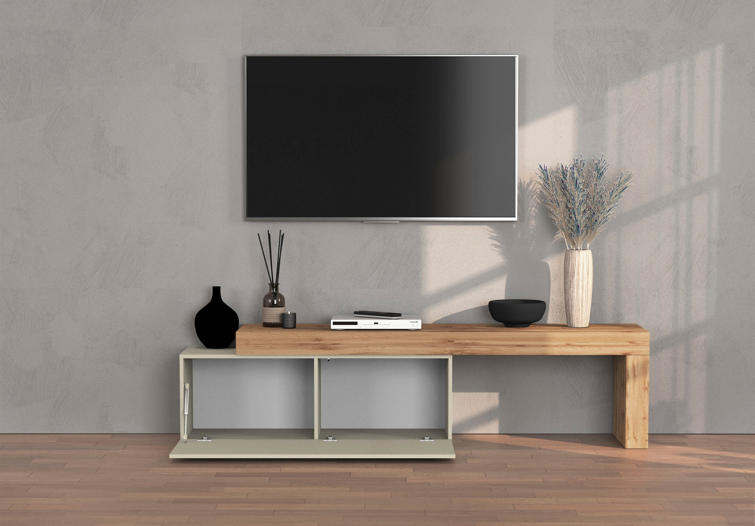 INOSIGN Lowboard »Chronos TV-Board, T-Schrank«, (1 St., Breite verstellbar von 180 bis 290 cm), Breite 240 cm TV-Board,Lowboard,1 Klappe und ein L-Förmiger Aufsatz