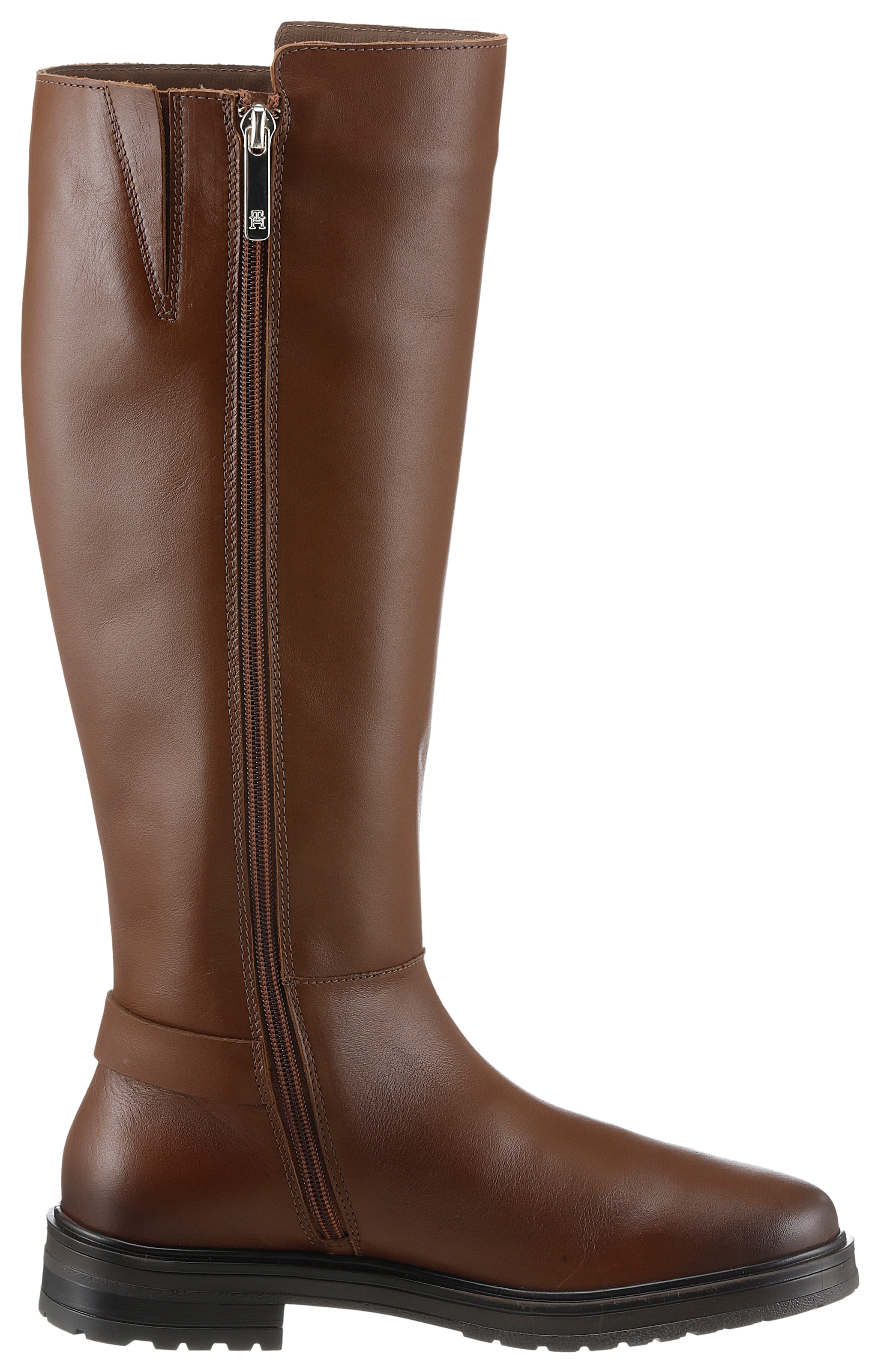 Tommy Hilfiger Stiefel »TH LOGO LEATHER LONG BOOT«, Blockabsatz, Businessstiefel mit Zierriemchen hinten