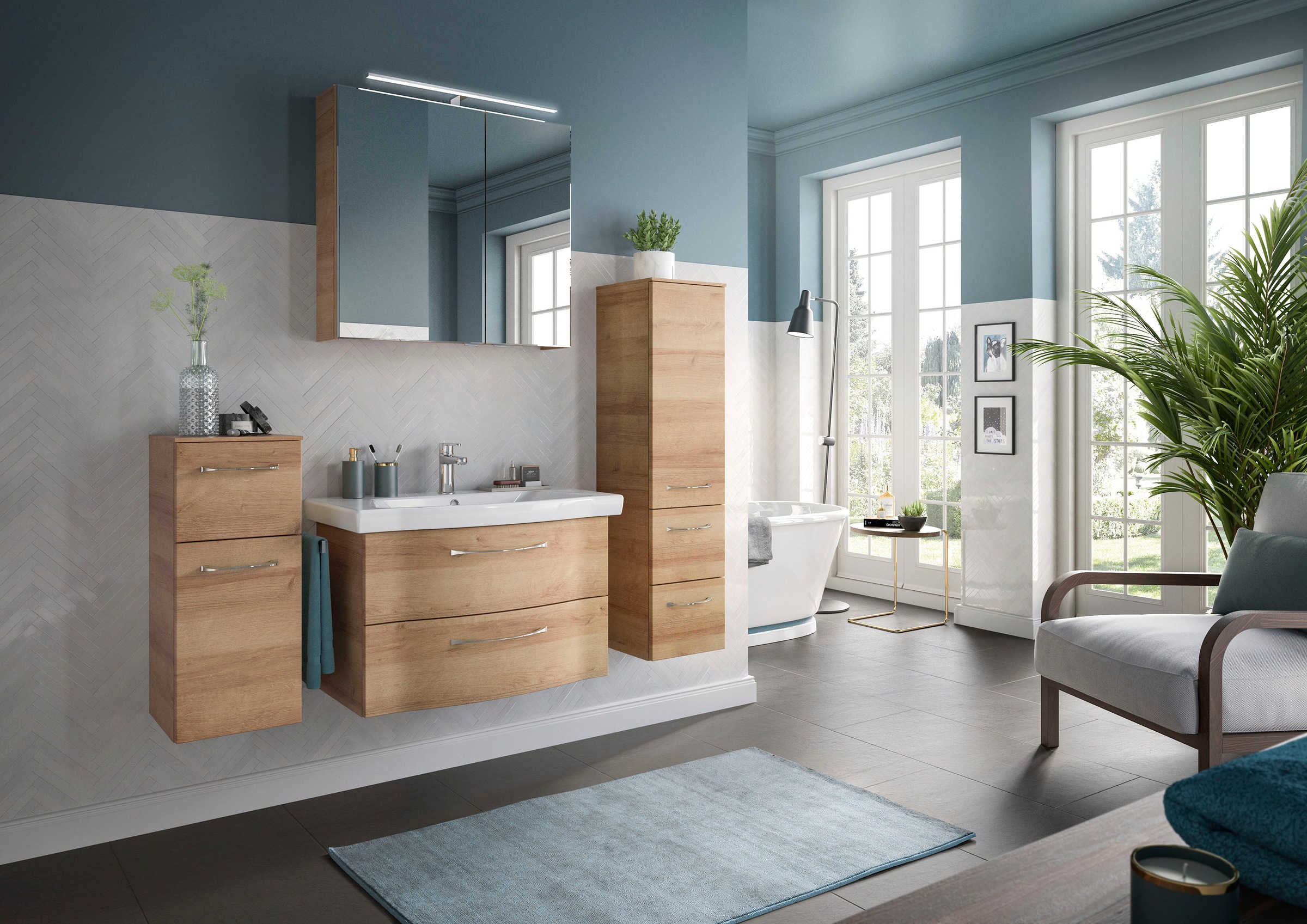Saphir Badmöbel-Set »6005 Sprint 4-teilig, Keramik-Waschtisch mit LED-Spiegelschrank«, (5 St.), Unterschrank, Midischrank, inkl. Türdämpfer, 4 Türen, 5 Schubladen