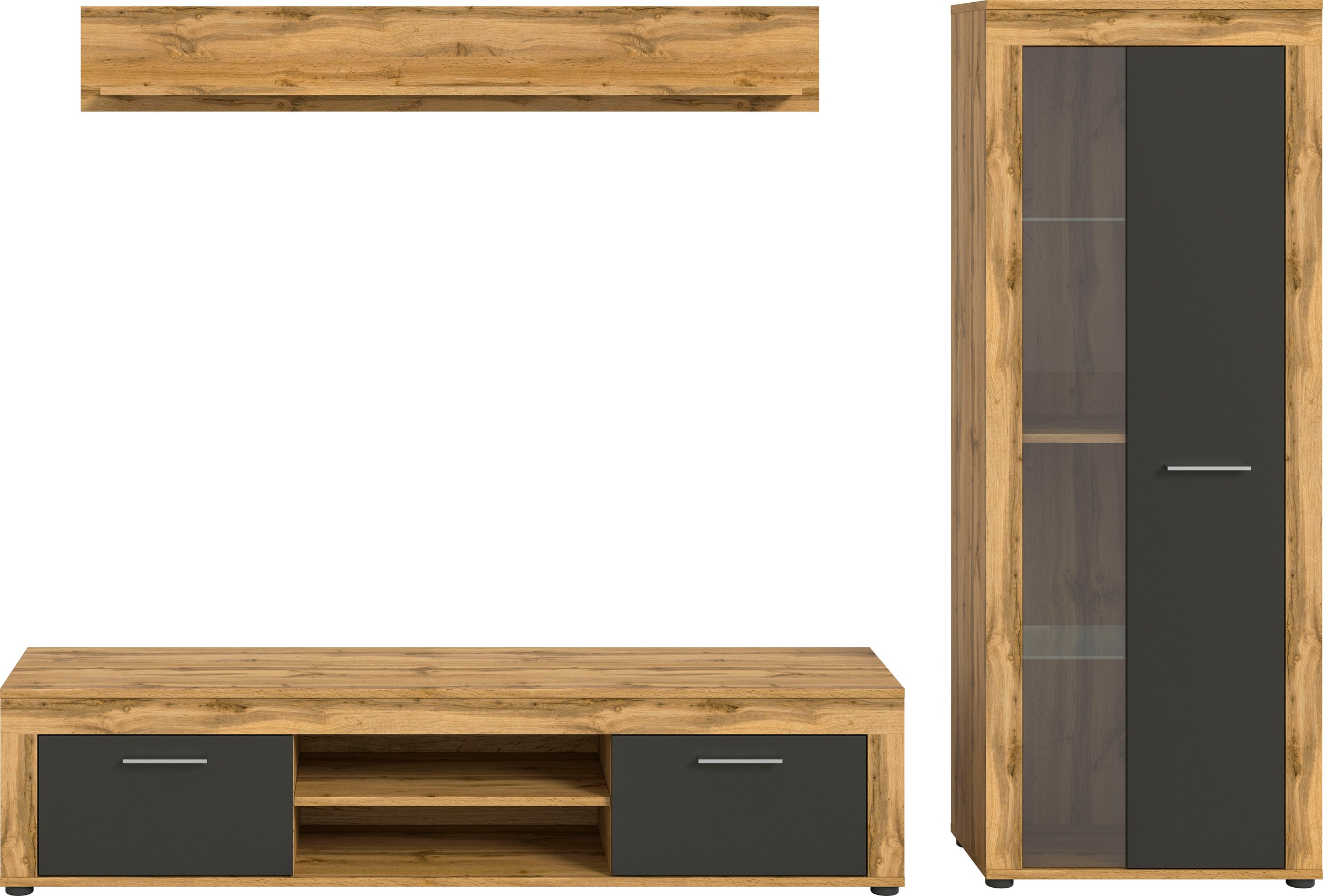INOSIGN Wohnwand »Aosta, Breite 235cm, bestehend aus Lowboard, Wandboard, Vitrine«, (3 St.), Wohnwand, Kombination, Anbauwand, Möbel Set, Schrankwand, Möbel Kombi
