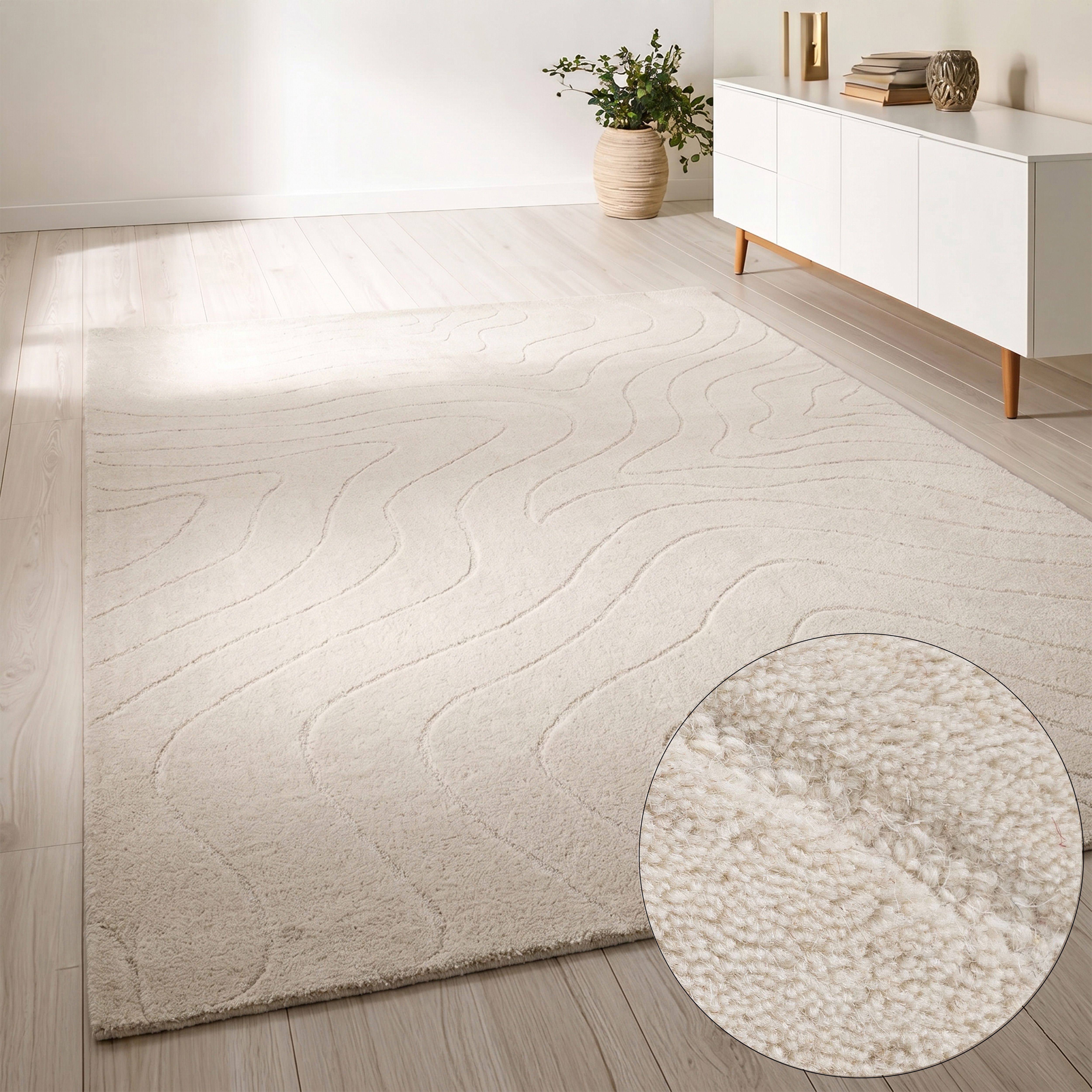 LeGer Home by Lena Gercke Wollteppich "Zarrah, mit Wellendesign, Linienmuster" rechteckig 14 mm Höhe reine Wolle, modern, Scandi, Wohnzimmer, Schlafzimmer, Esszimmer