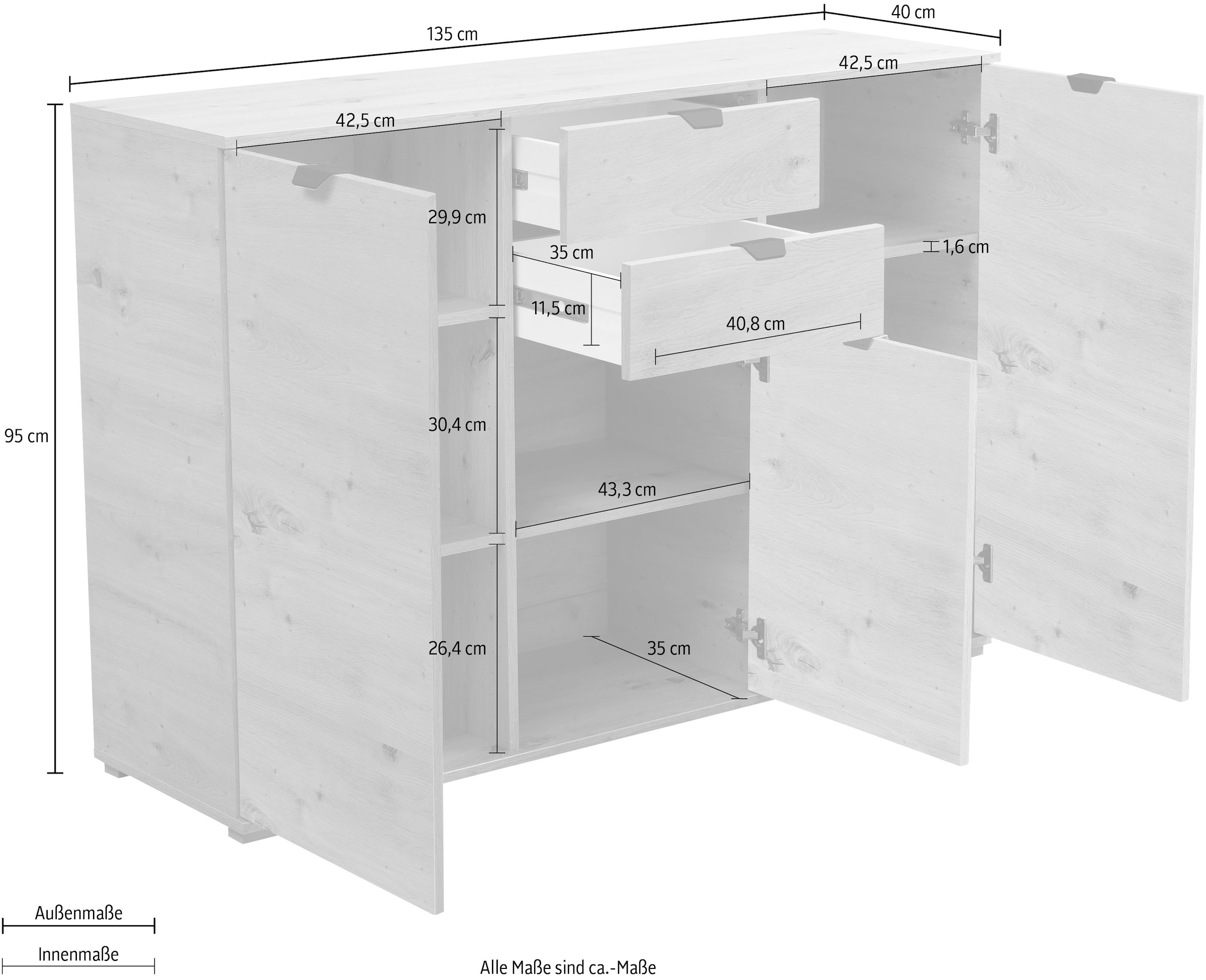INOSIGN Sideboard »Duero«, Kommode mit 2 Schubkästen, Breite 135 cm