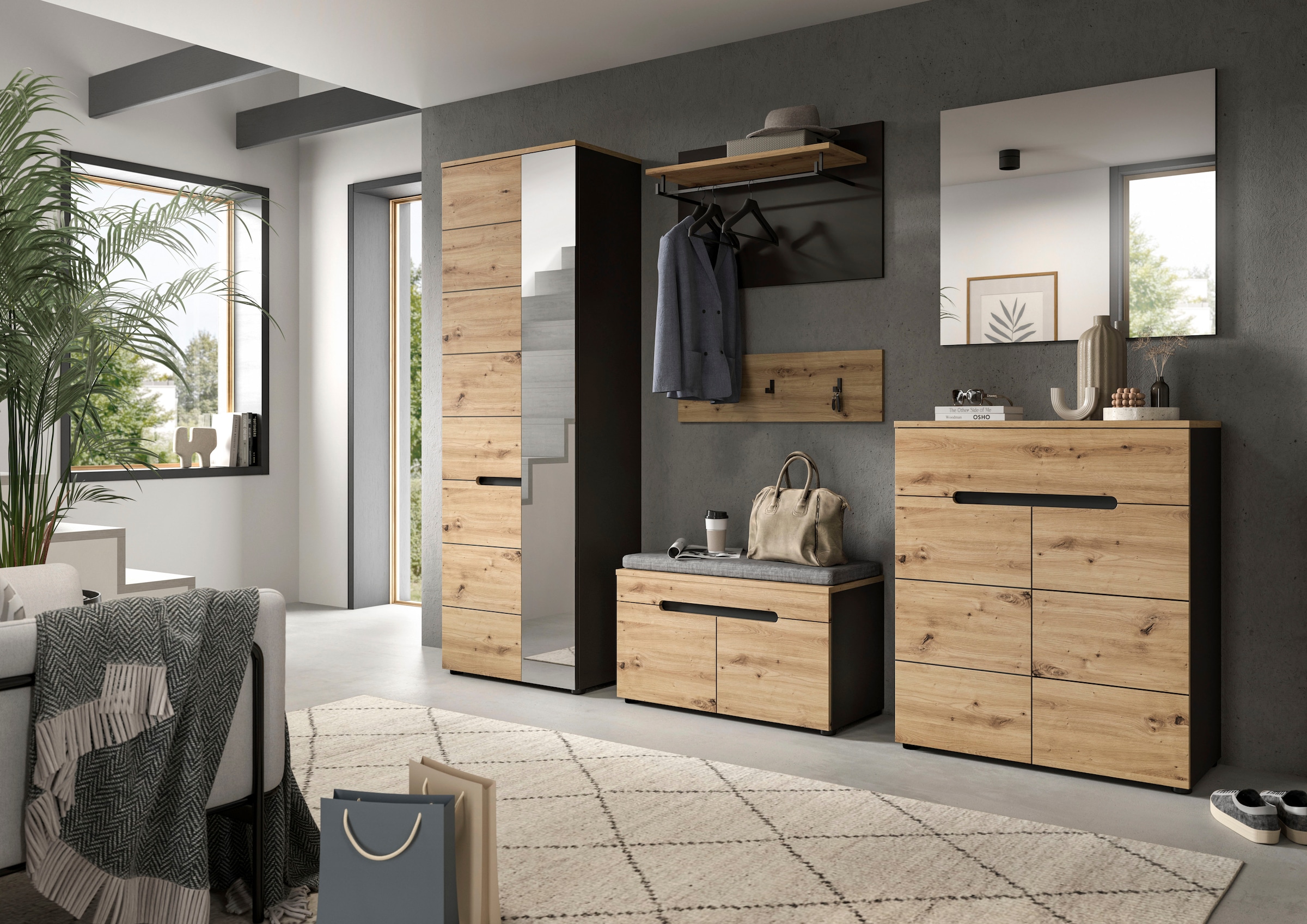 INOSIGN Garderoben-Set »Garderobenkombination Rehat, Breite 255cm,in Basalt grau/Artisan Eiche«, (6 St.), Flurmöbel, Dielenmöbel, Kombination, Diele, Garderobe, Garderobenmöbel