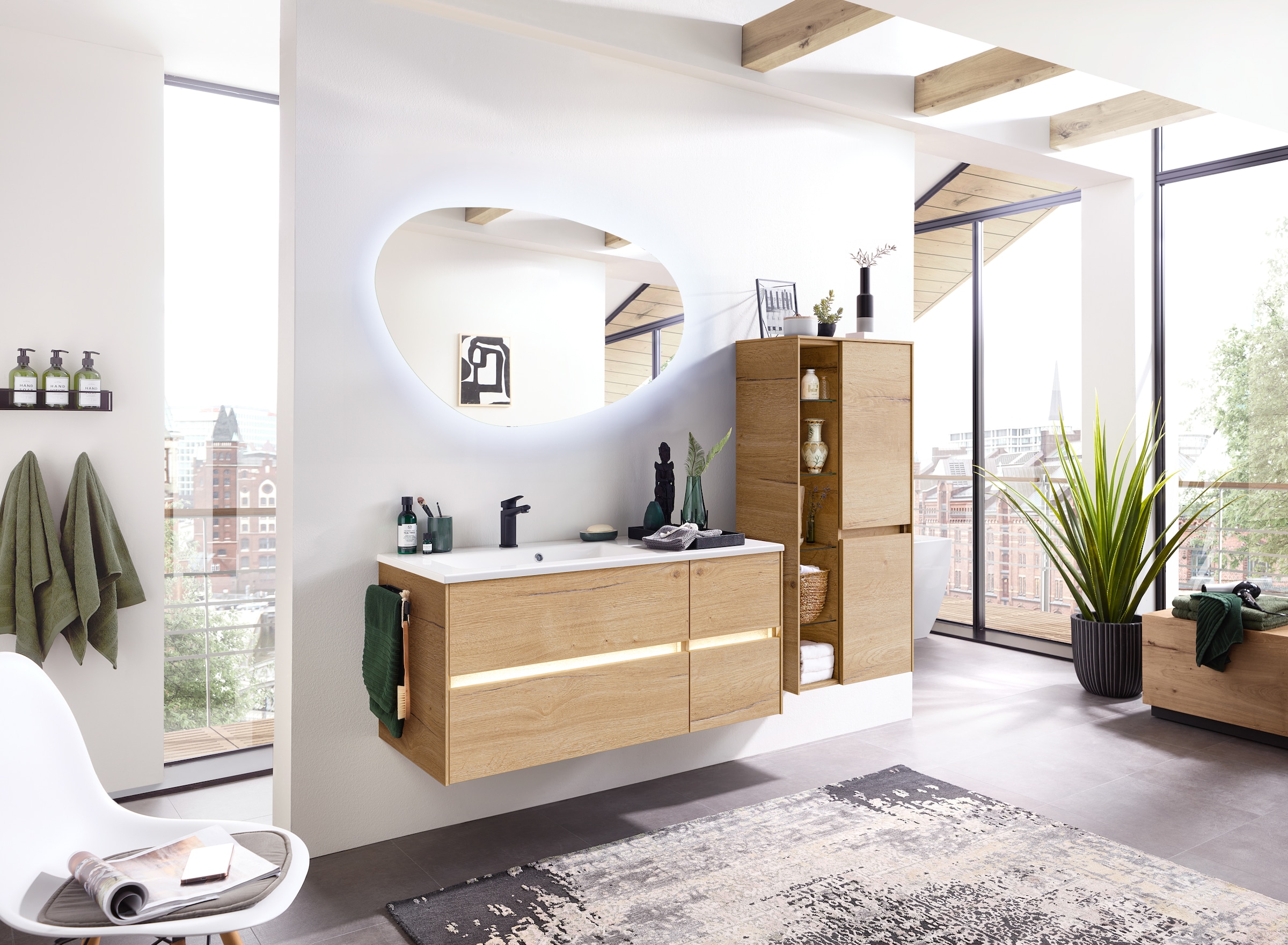 Saphir Waschtisch »Solid-Surface-Waschtisch mit Unterschrank Serie 6010,vormontiert,113cm« 2 Stk. tlg. Waschplatz, 4 Schubladen, LED-Beleuchtung, Badmöbel Set mit Waschtisch