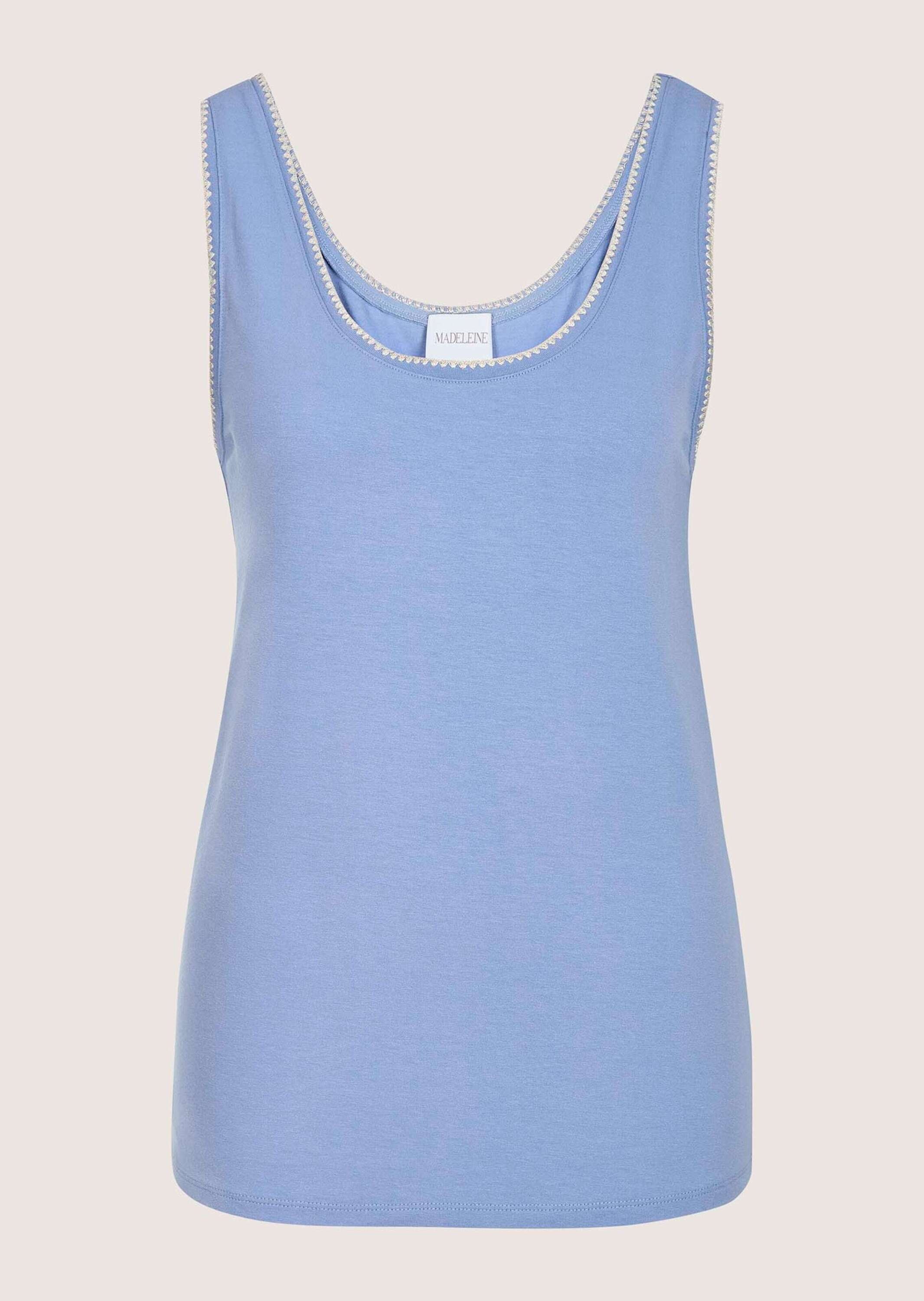 Trägertop MADELEINE "Glanztop Elegantes Jerseytop mit Glanzakzenten", Damen, Gr. 38, blau (gletscherblau), Obermaterial: 95% Viskose CV. 5% Elasthan EL., Modern, gerade, Tops Trägertop, Paspelierung