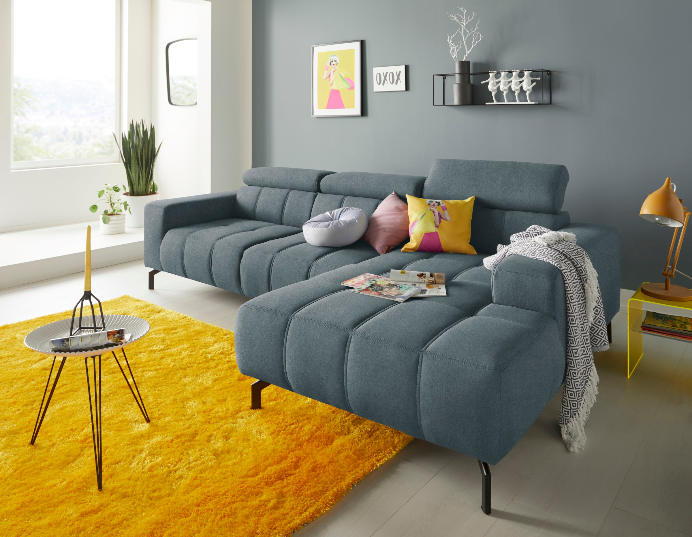 DOMO collection Ecksofa "Cunelli tolle Sitznähte als Designelement, fester Sitzkomfort, L-Form" whlw. verstellbare Kopfteile, passend für gängige Saugroboter