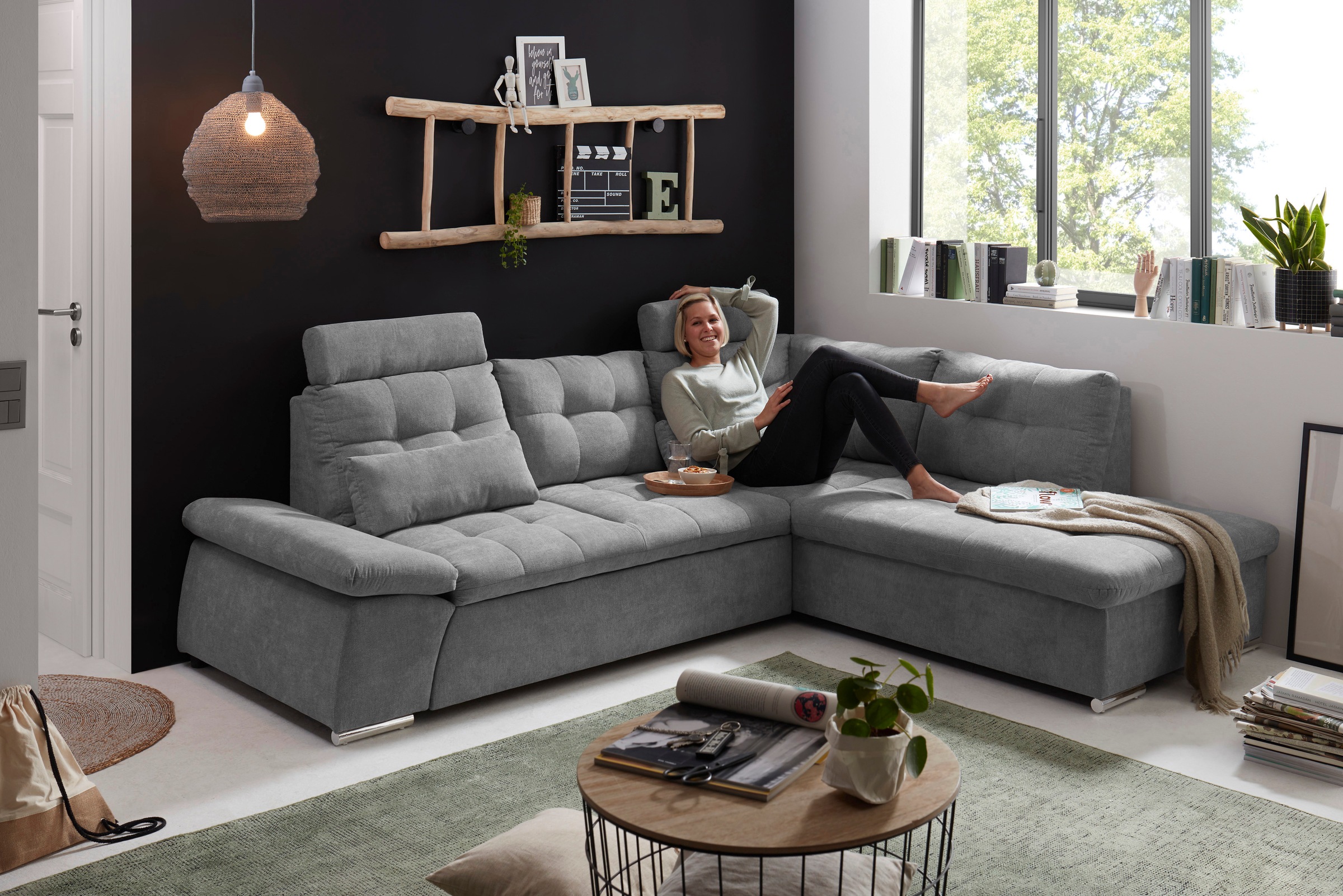 ED EXCITING DESIGN Ecksofa »Nalo L-Form«, mit Bettfunktion, Armteilverstellung, Kopfstützen & 2 Nierenkissen