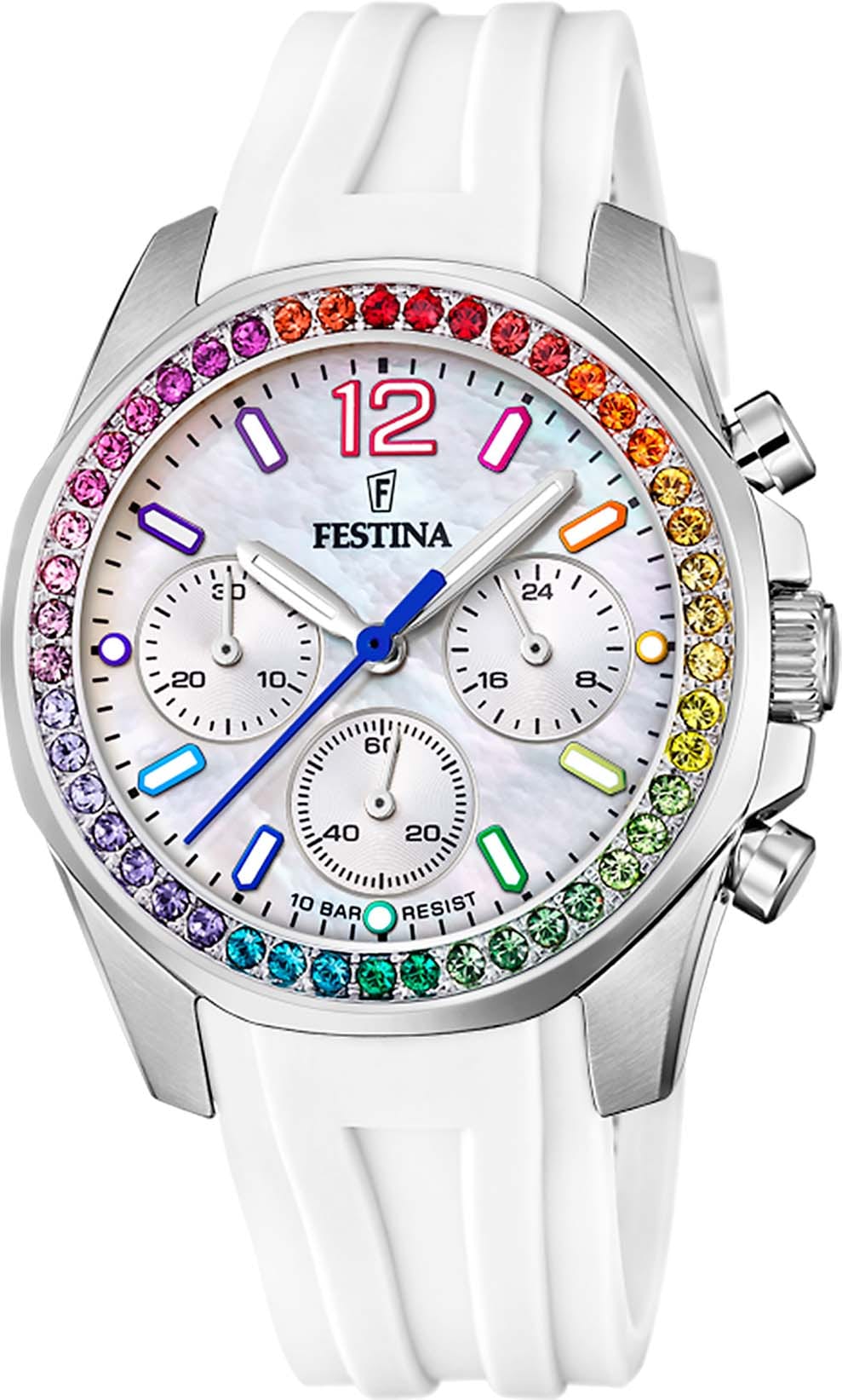 Festina Chronograph »Boyfriend, F20610/2«, Armbanduhr, Quarzuhr, Damenuhr, Stoppfunktion, Regenbogen